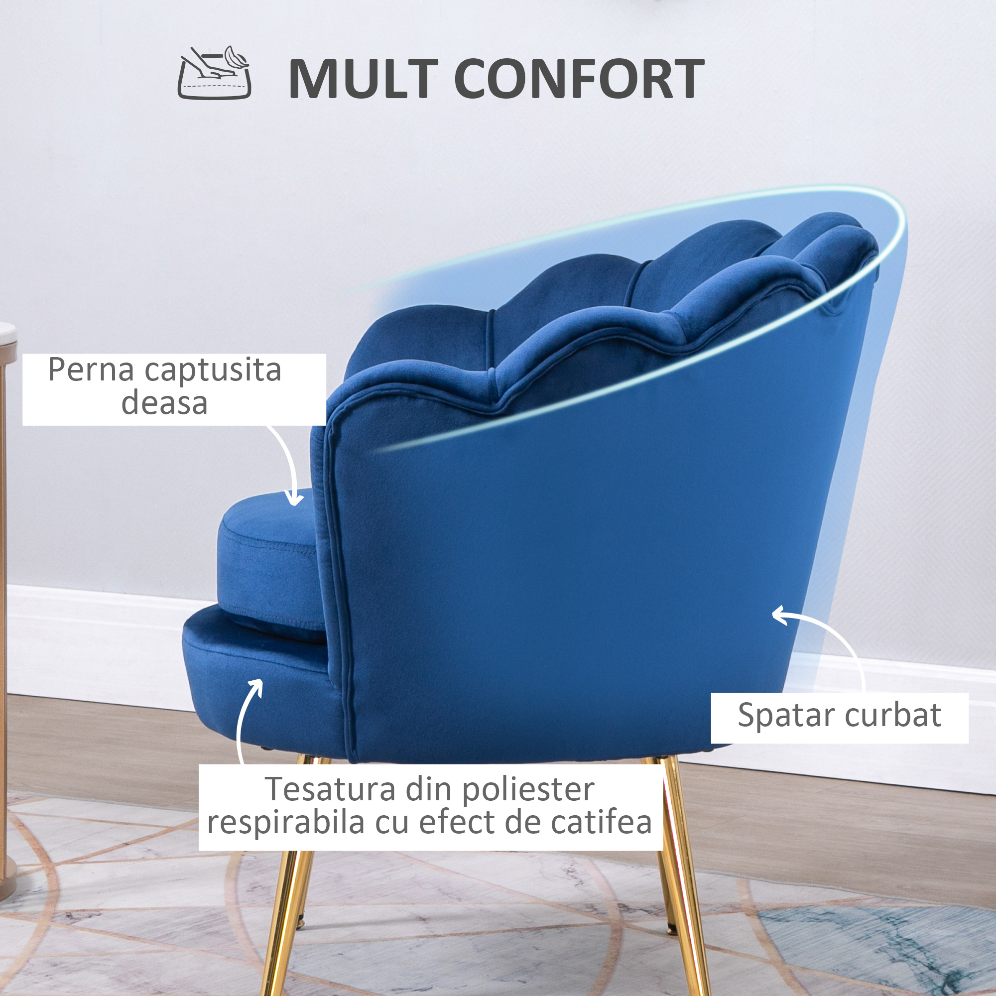  Fotoliu Vintage cu Design din Catifea Albastra Fotoliu de Dormitor [4]