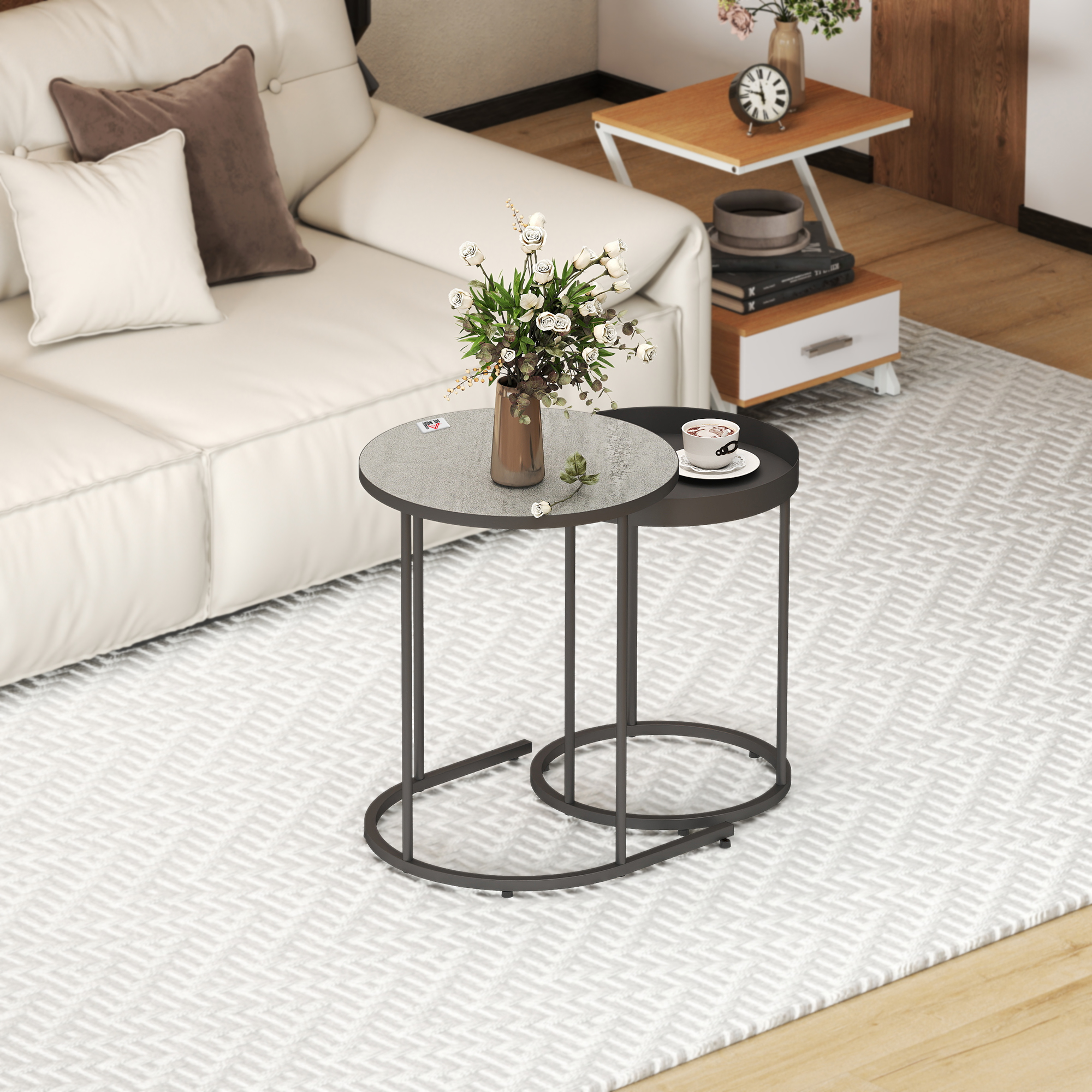  Set Rotund de Masute de Cafea Stivuibile - Gri [6]