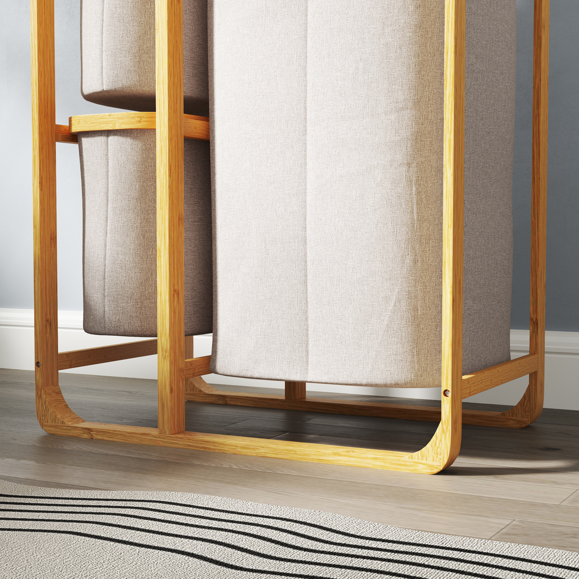  Cos pentru Rufe cu 3 Saci si Rafturi Detasabile din Material Textil din Bambus, 50x32x69,7 cm, Alb Crem [8]