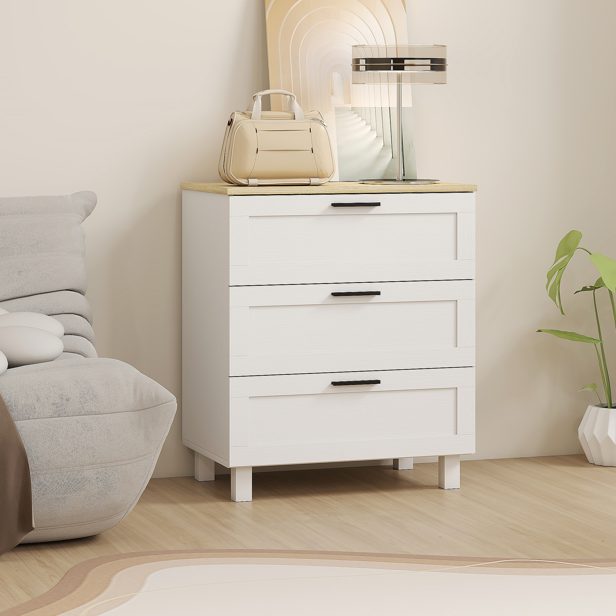  Comoda cu 3 Sertare Moderna din Lemn, 60x38x71 cm, Alb si Aspect de Lemn [6]