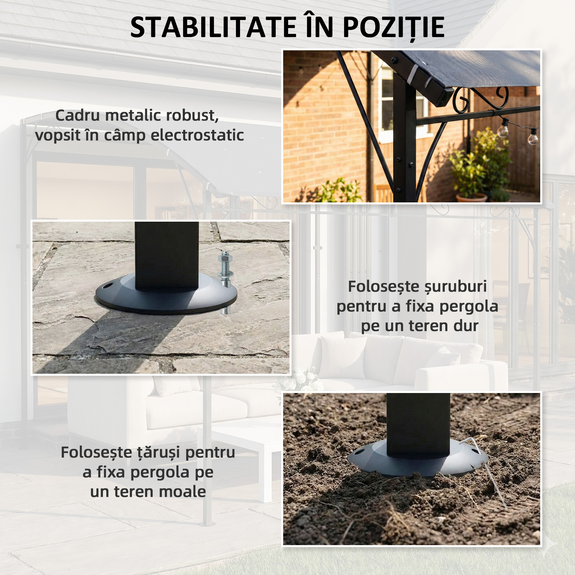  Pergola Gazebo 3.8x2.8m cu 16 Gauri de Drenaj, Pergola din Metal si Poliester 180g/m² cu suruburi, pentru Exterior, Gradina, Terasa si Patio, UV 30+, Gri [6]