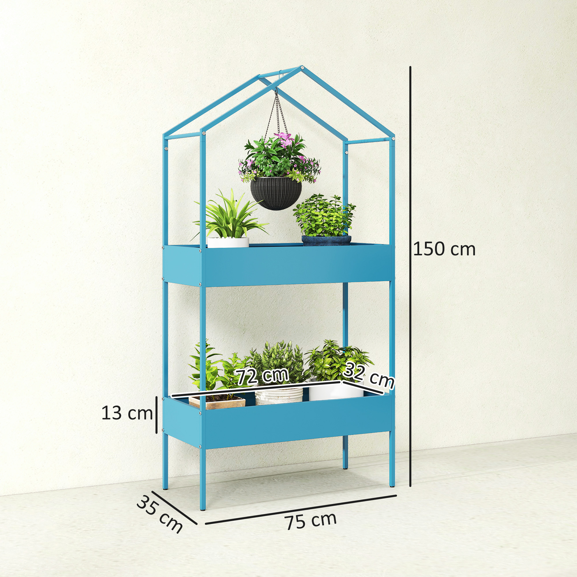  Suport pentru Ghivece pe 2 Niveluri din Metal in Forma de Casuta, Etajera pentru Plante cu Agatatoare, pentru Interior si Exterior, 75x35x150 cm, Albastru-Verde [2]