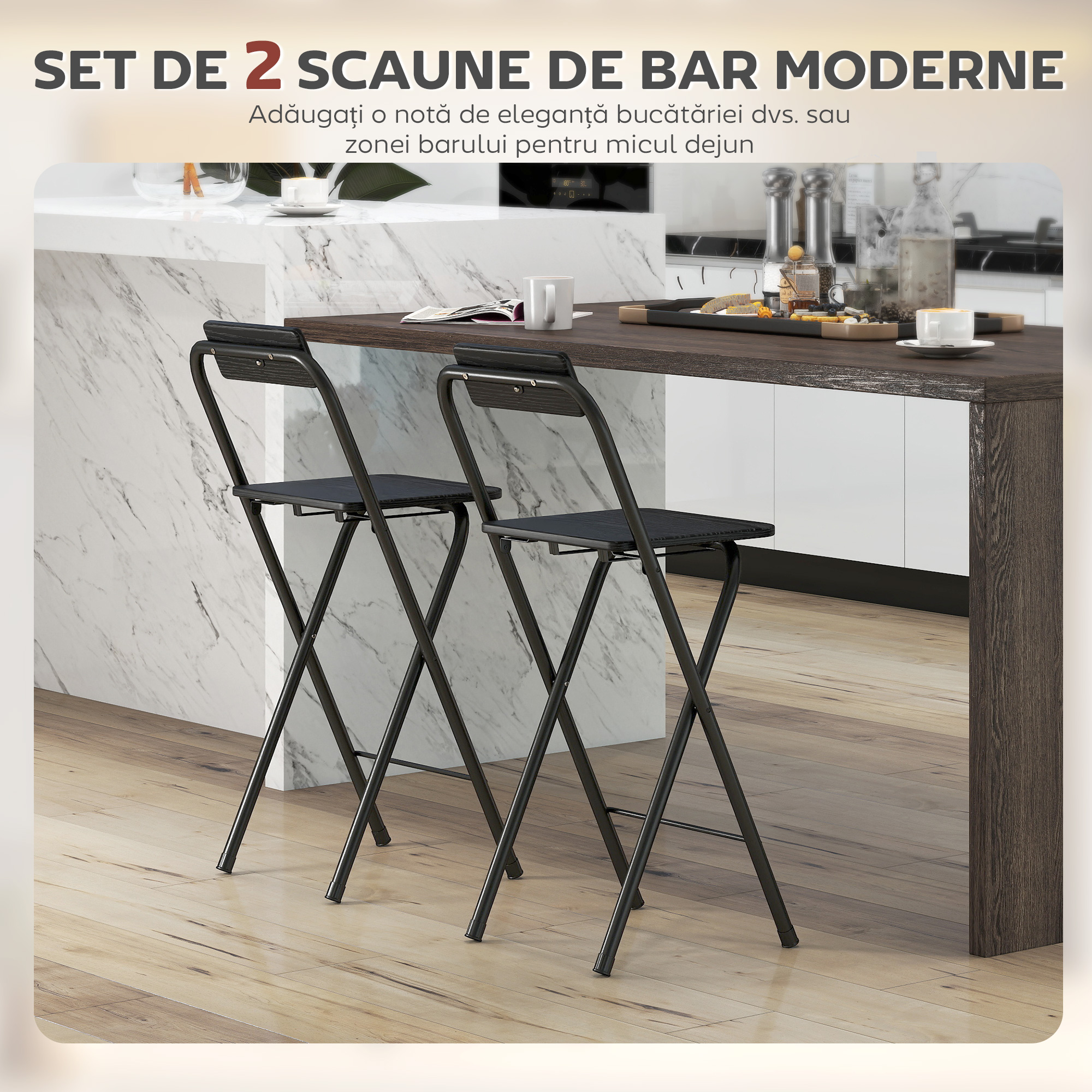  Set 2 Scaune de Bucatarie Pliabile cu Suport pentru Picioare din MDF si Otel Negru [4]