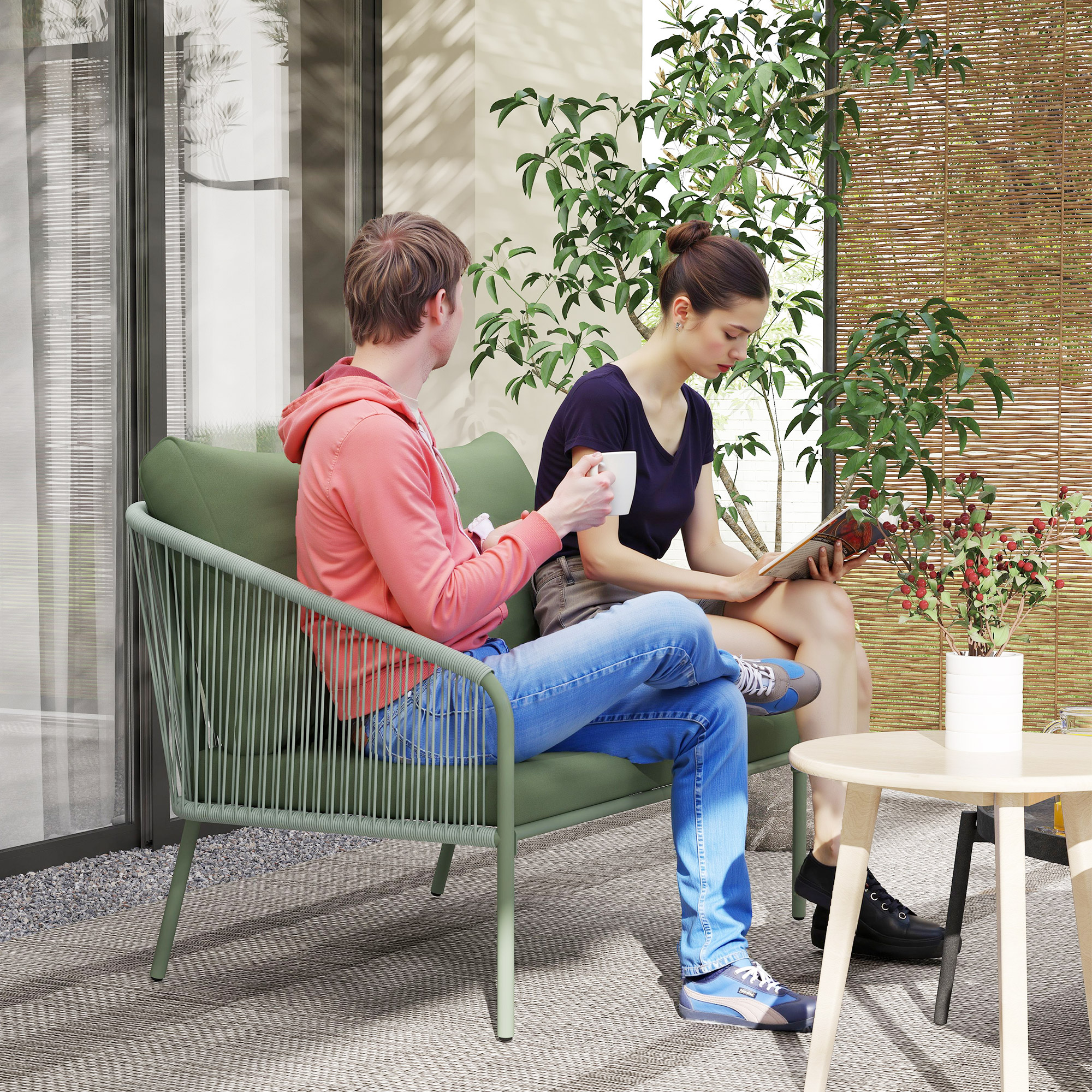  Canapea de Gradina cu 2 Locuri din Ratan PE, Stil Boho, cu Perne Detasabile si Brate, Verde [1]