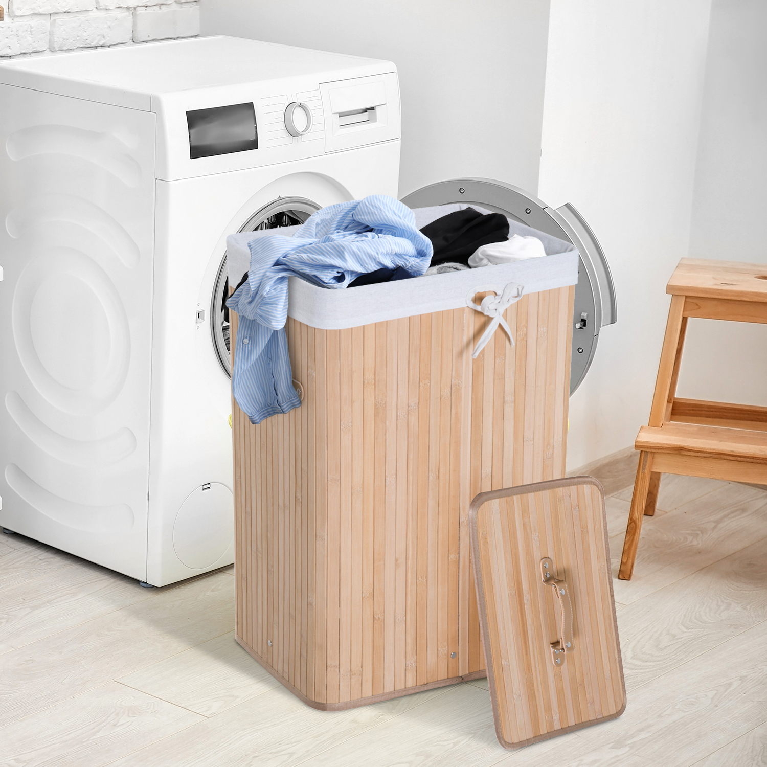  Cos de rufe din bambus cu capac si geanta detasabila din material, 40x30x60cm, natural [1]