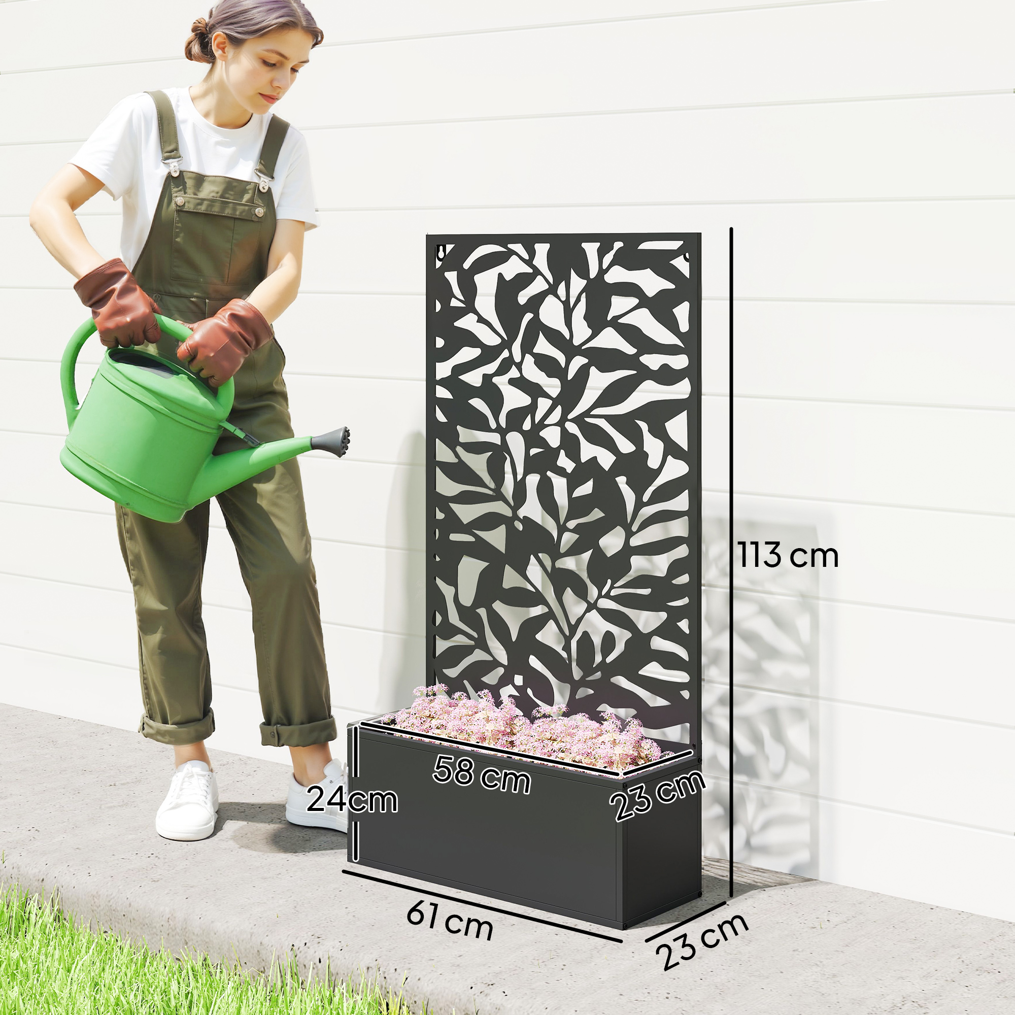  Ghiveci cu spallier pentru plante cataratoare din otel, montare pe perete sau pe podea, 61x23x113 cm, negru [2]