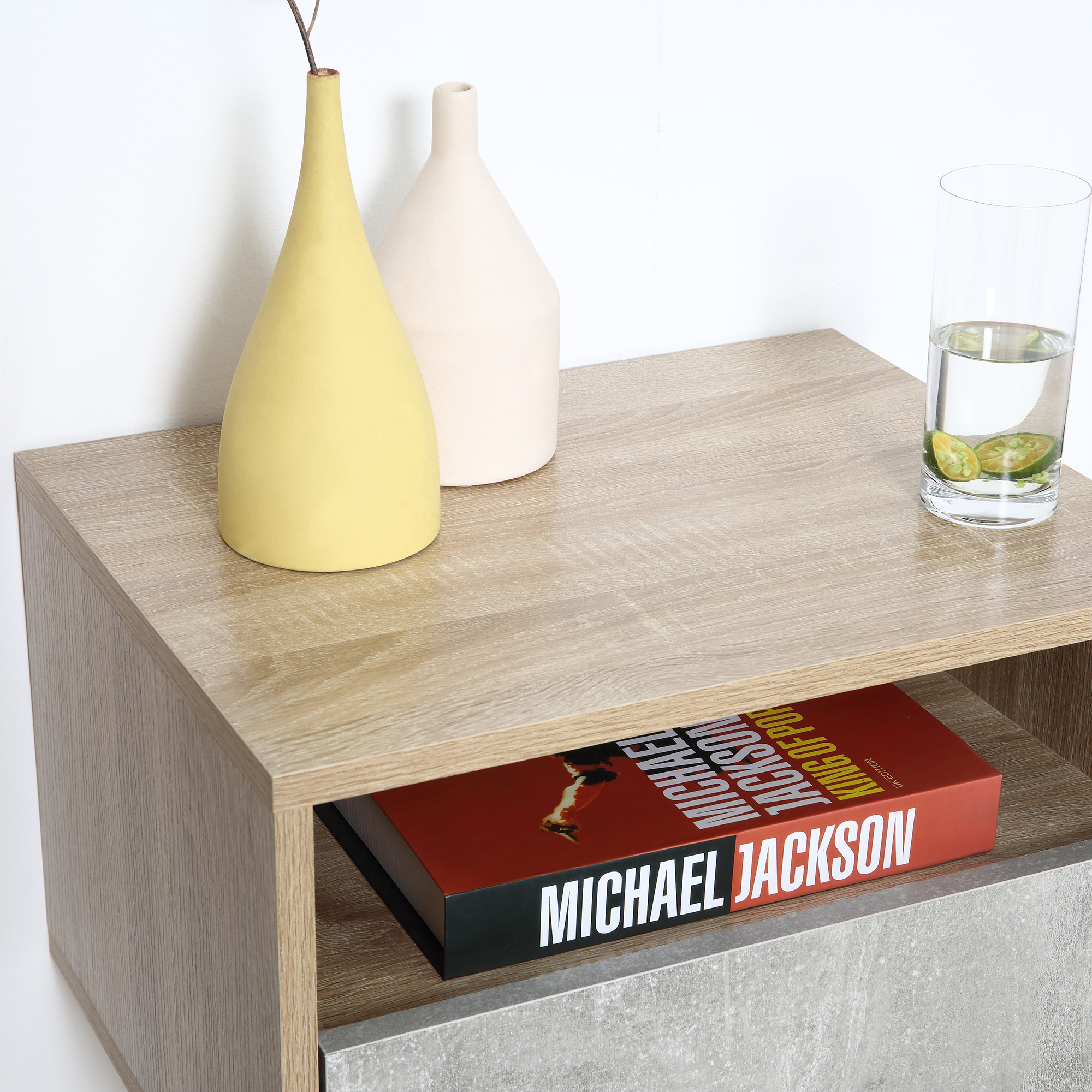  Set de 2 Noptiere Suspendate cu Sertar si Etajera 45x35x27.5cm - Gri/Culoare Lemn [7]