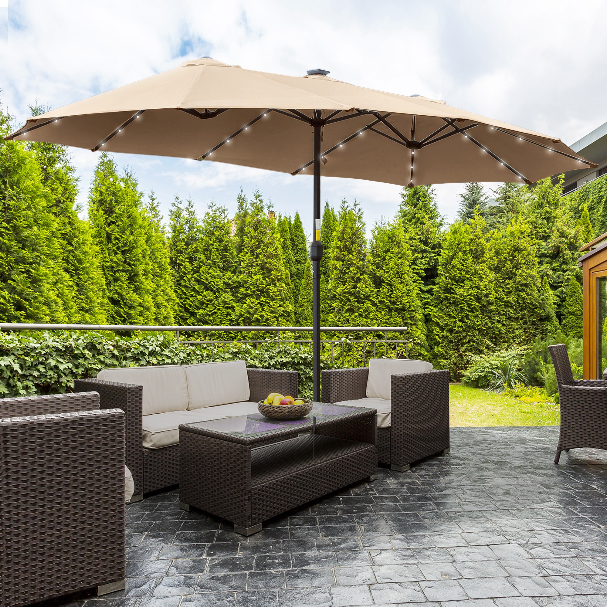  Umbrela de soare de Gradina 4,5 m cu 48 de Lumini LED cu Energie Solara, Umbrala de Soare Dubla cu Manivela, Kaki [1]