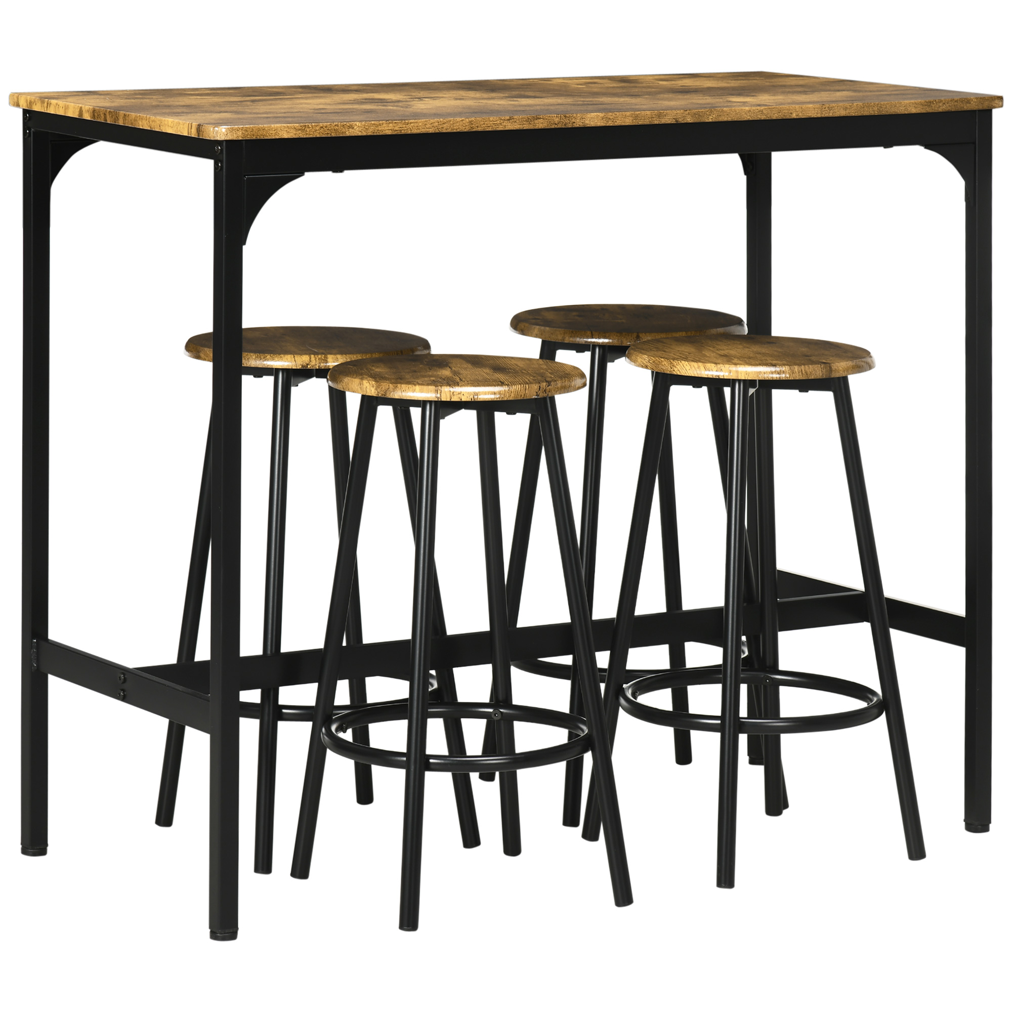 Bucatarie -  Set de masa si scaune de bar 5 piese, Masa industriala cu economie de spatiu si 4 scaune rotunde de bar cu cadru metalic pentru bar, sufragerie, Maro rustic