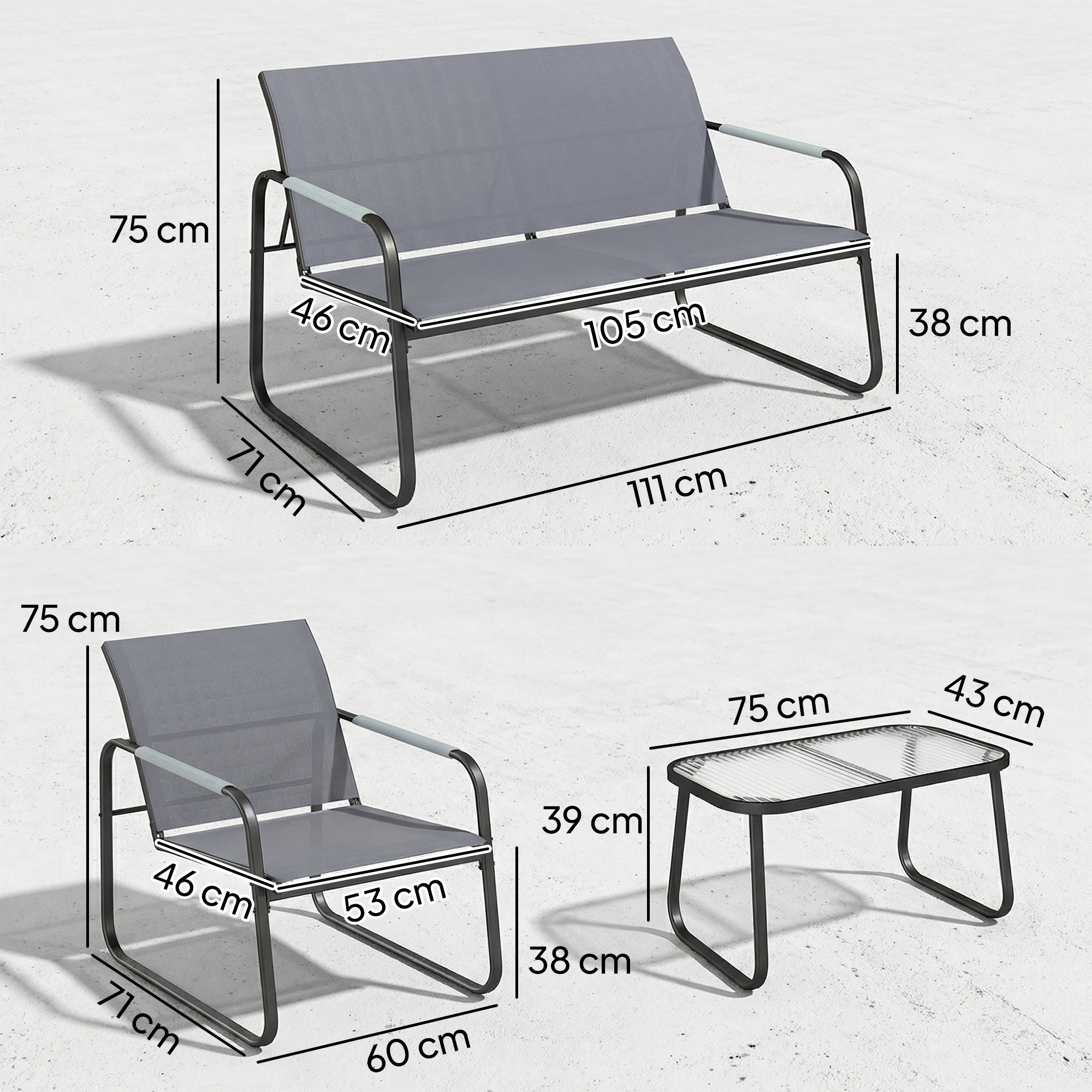  Set de Gradina 4 Piese, Canapea cu 2 Locuri, 2 Fotolii, Masuta din Sticla Temperata, Gri [2]