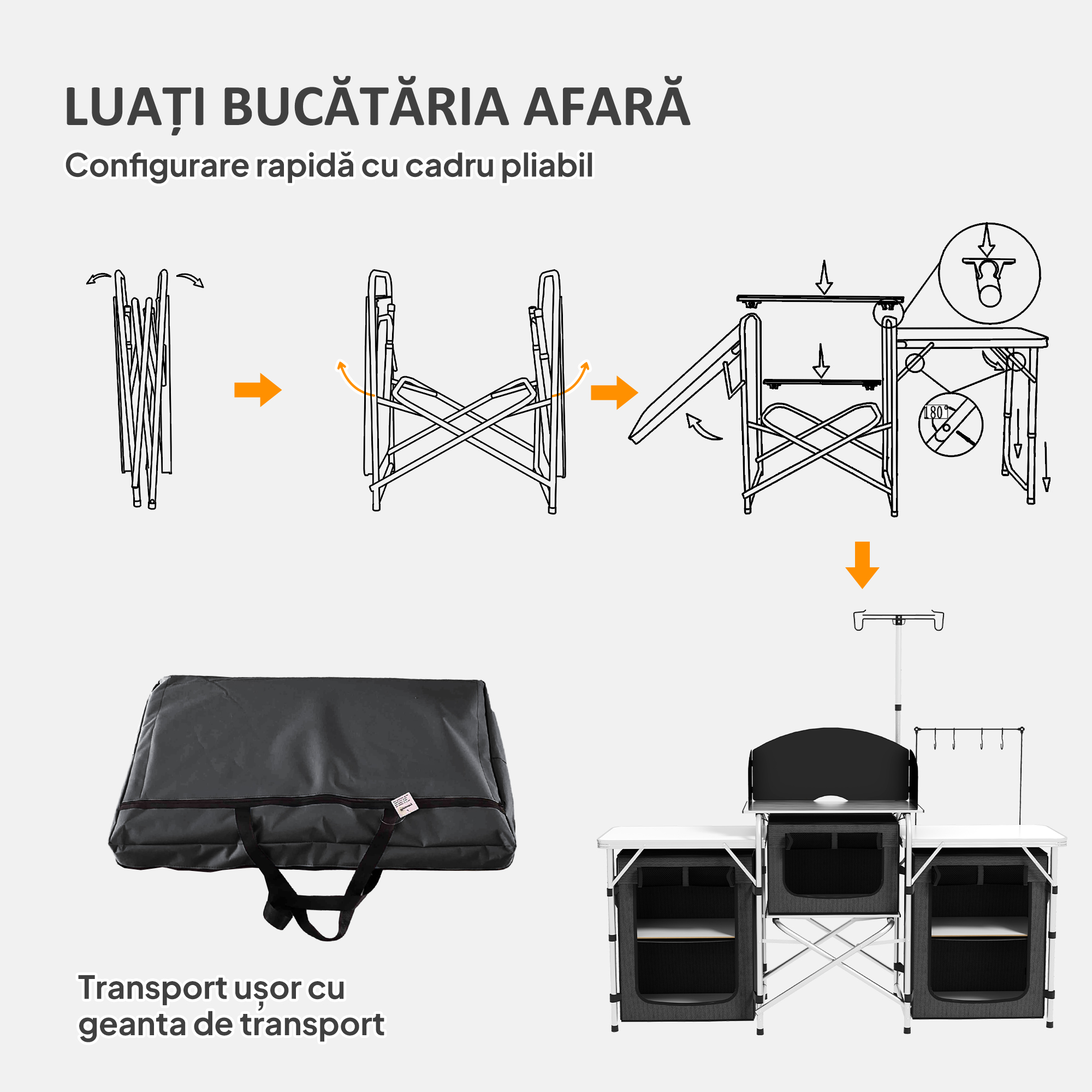  Bucatarie de Camping Pliabila cu 3 Blaturi, 5 Rafturi Interne si 4 Carlige, 172x48x119 cm, Negru [5]