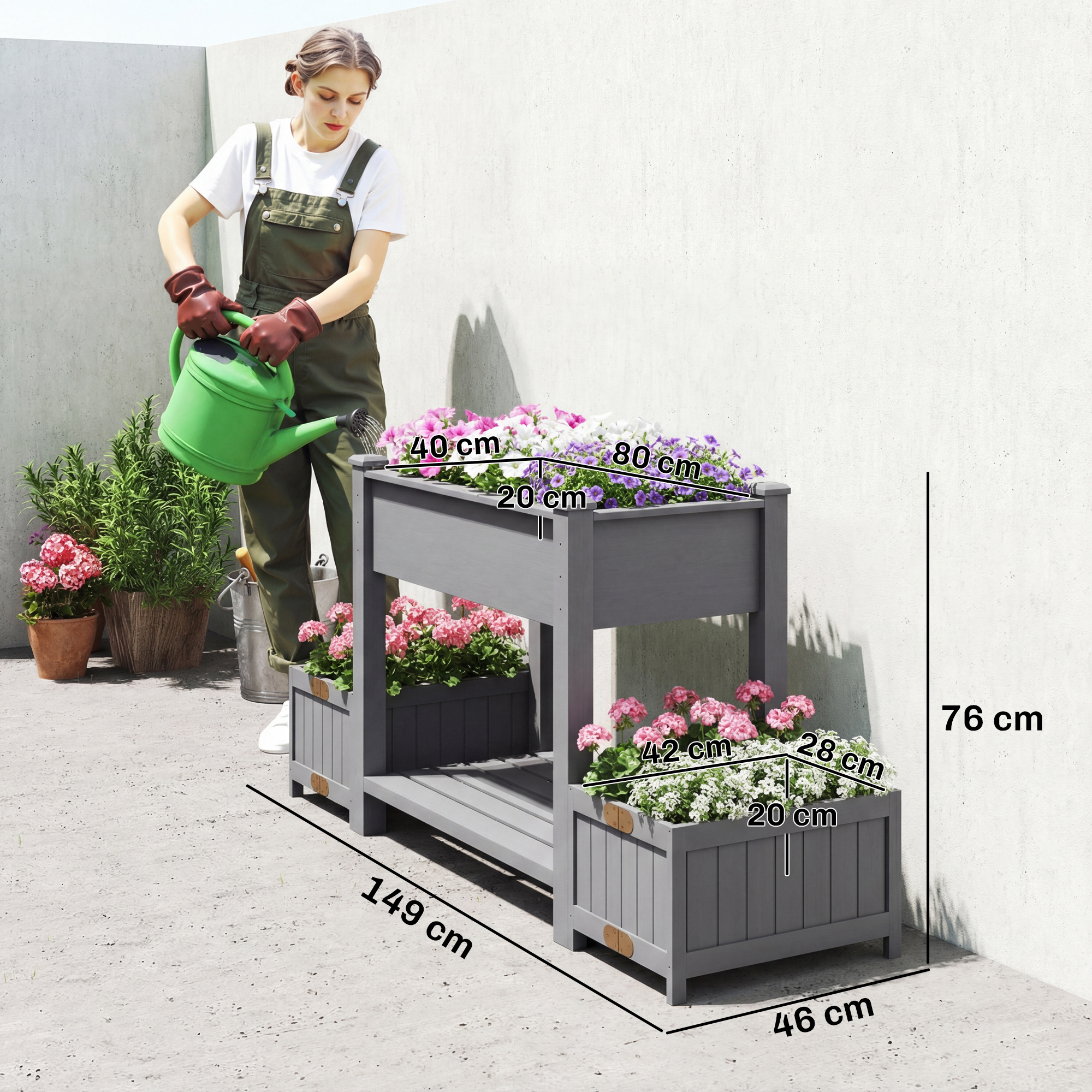  Jardiniera Ridicata cu 2 Ghivece Laterale si Raft pentru Unelte, din Lemn de Brad, 149x46x76 cm, Gri [2]