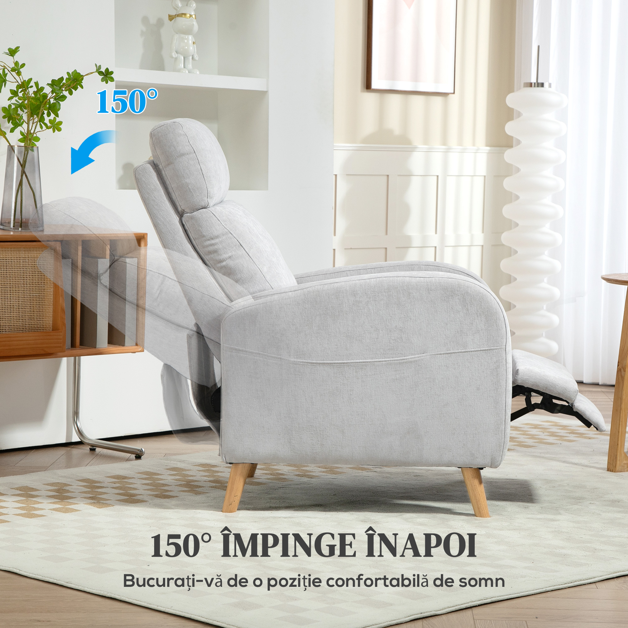  Fotoliu Reclinabil 150° cu suport pentru picioare, din Material Textil cu Efect de In, 68x90x106 cm, Gri Deschis [3]