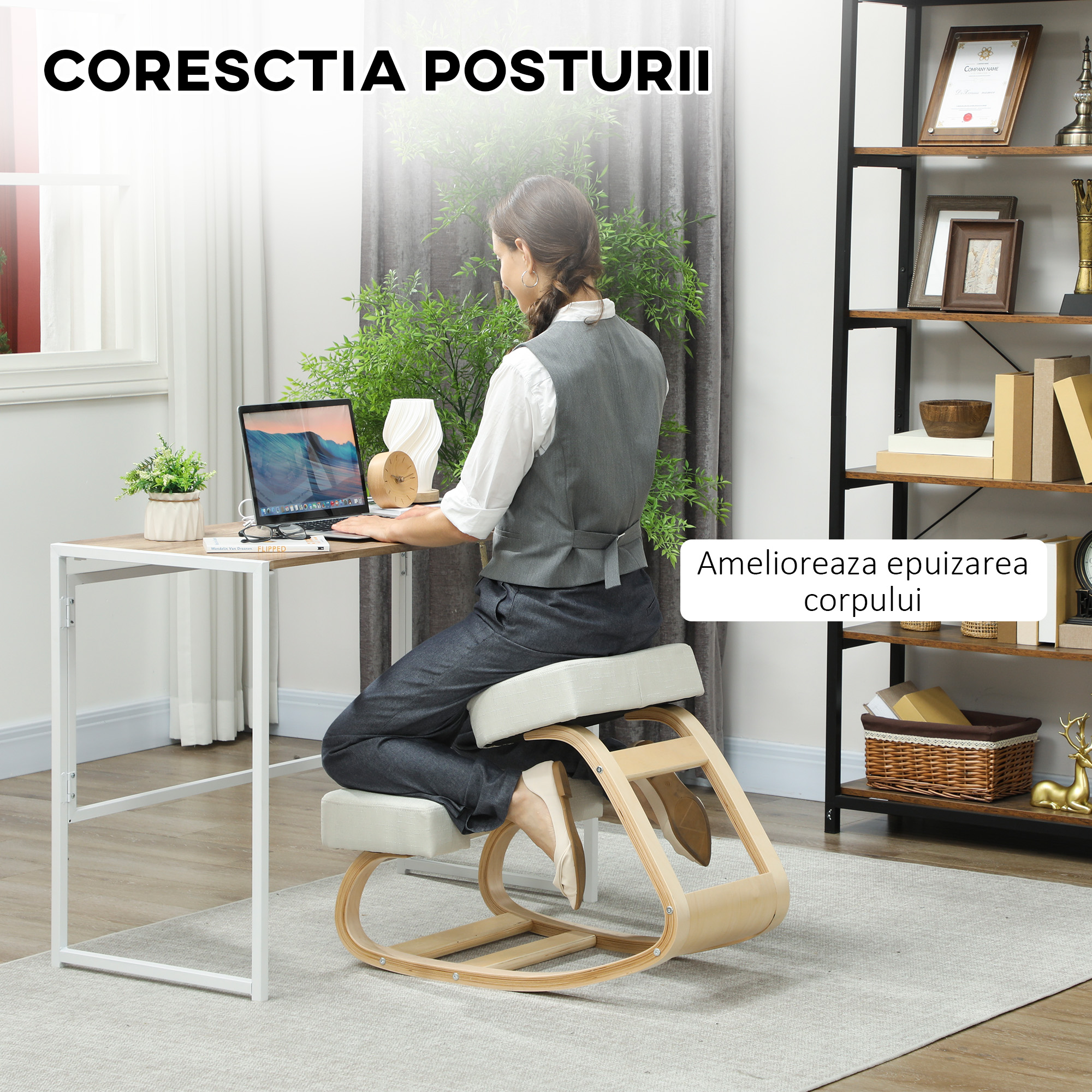  Scaun ergonomic pentru genunchi din mesteacan si perna Crem [3]