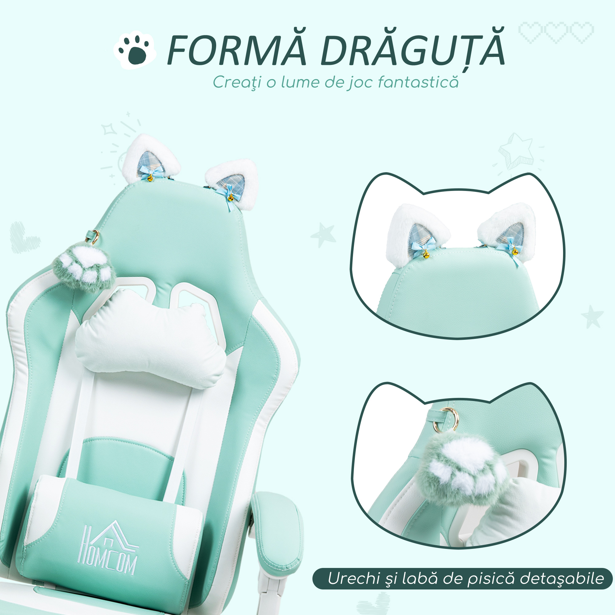 Scaun de Gaming Reclinabil  cu Suport pentru Picioare si Perne, din Piele Artificiala si Spuma, 65x62x116-124 cm, Albastru si Alb [3]