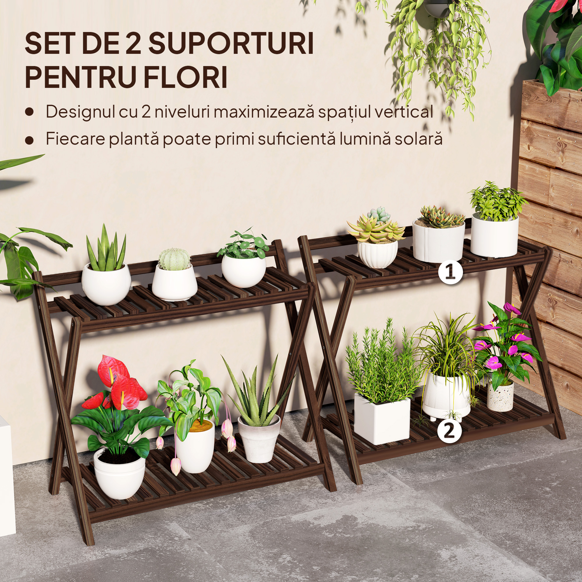  Set de 2 Suporturi pentru Plante cu 2 Niveluri, 73x36x64 cm, Maro [3]
