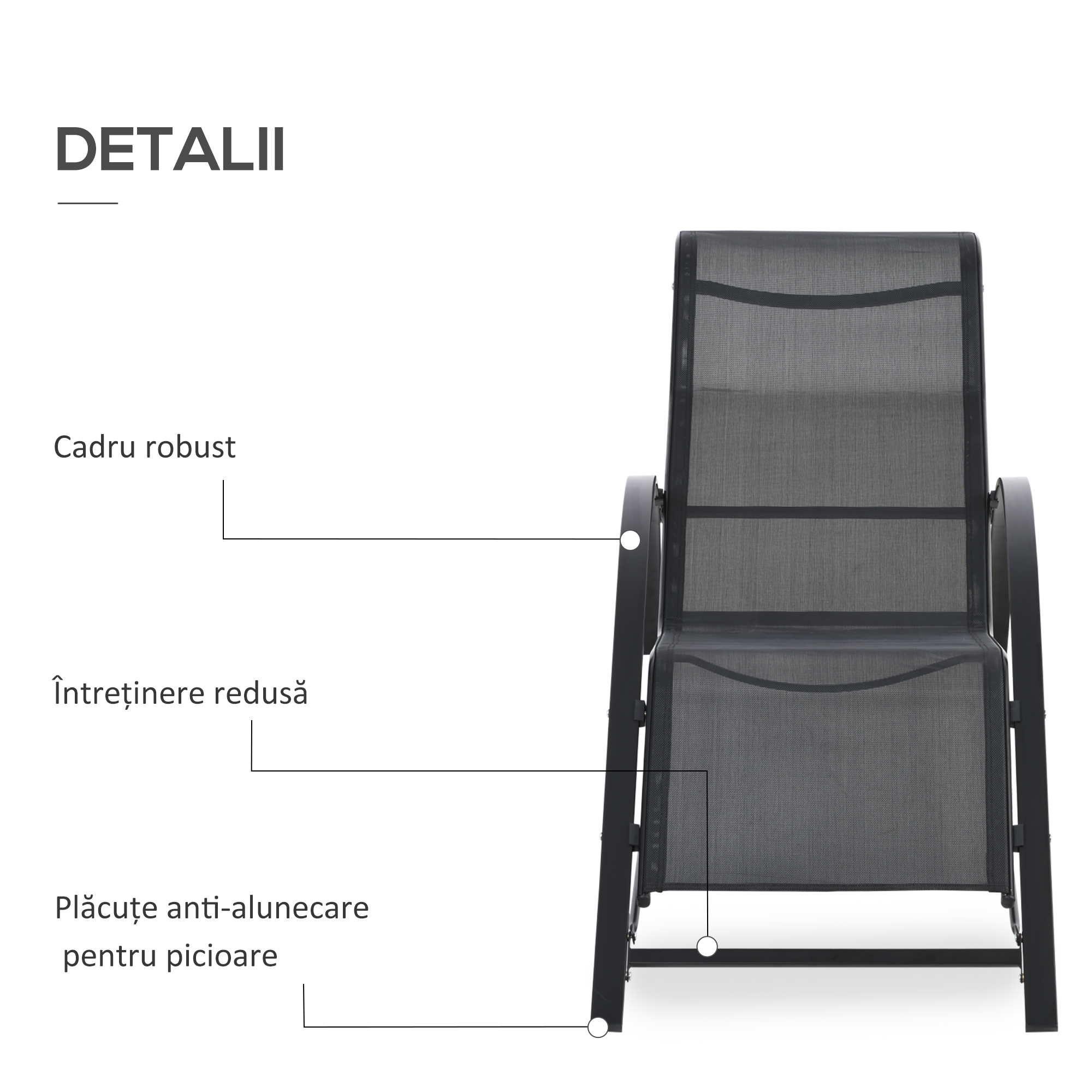  Set 2 sezlonguri de Gradina si Masuta cu Raft, Material Respirabil si Cadru Metalic, 59x169x66 cm, Negru [5]