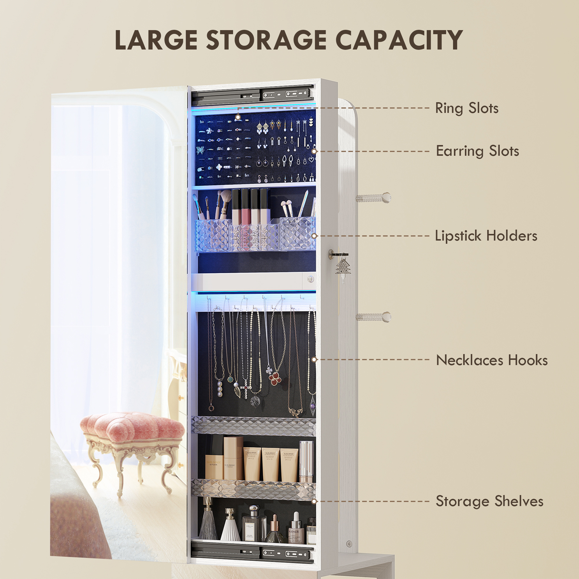  Dulap pentru Bijuterii cu Oglinda Rotativa 360°, Lumina LED Reglabila, incuietoare si Rafturi, 37x40x165,5 cm, Negru [5]