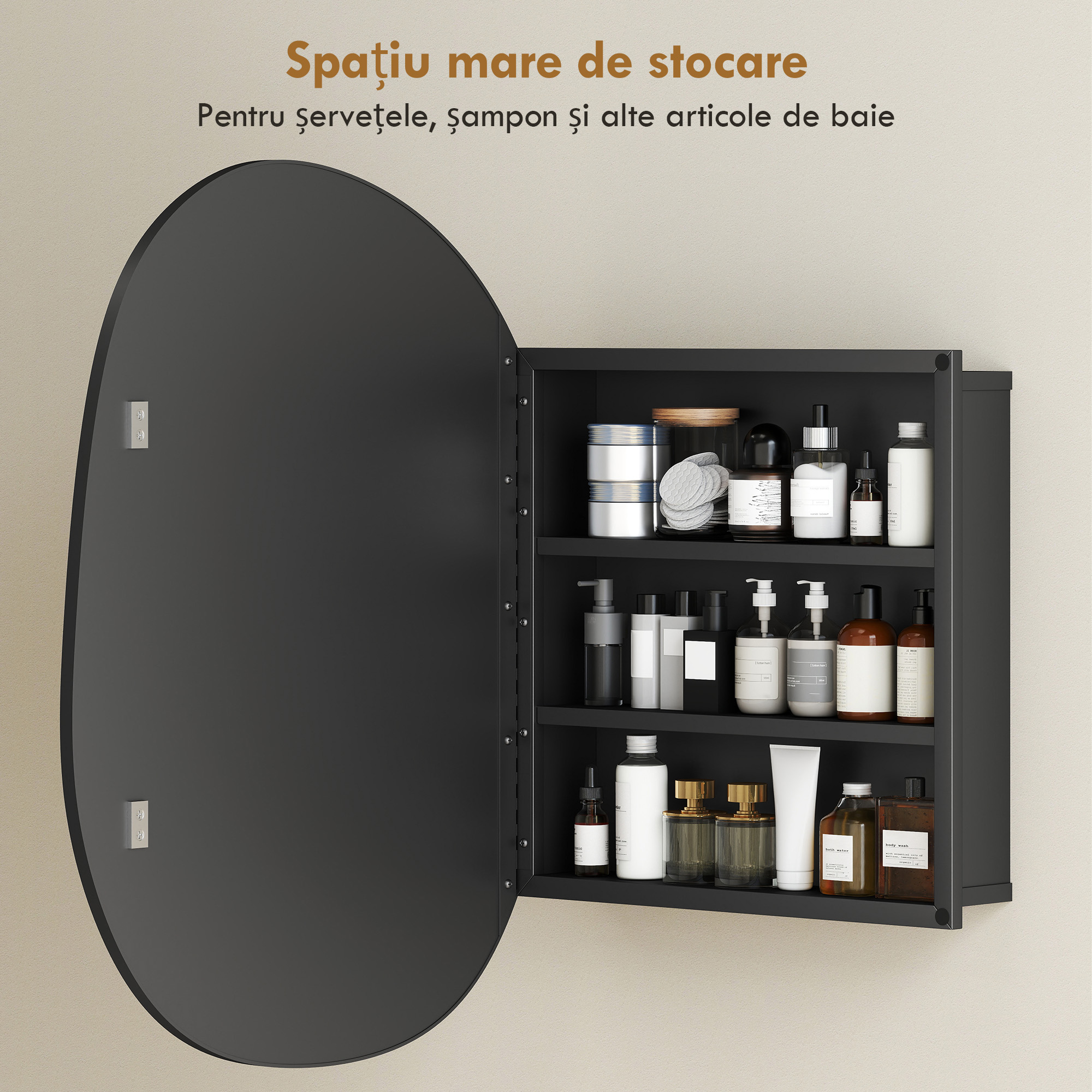  Dulap de Baie cu Oglinda si 3 Rafturi Interioare, Aluminiu si Metal, 61x12x79 cm, Negru [4]