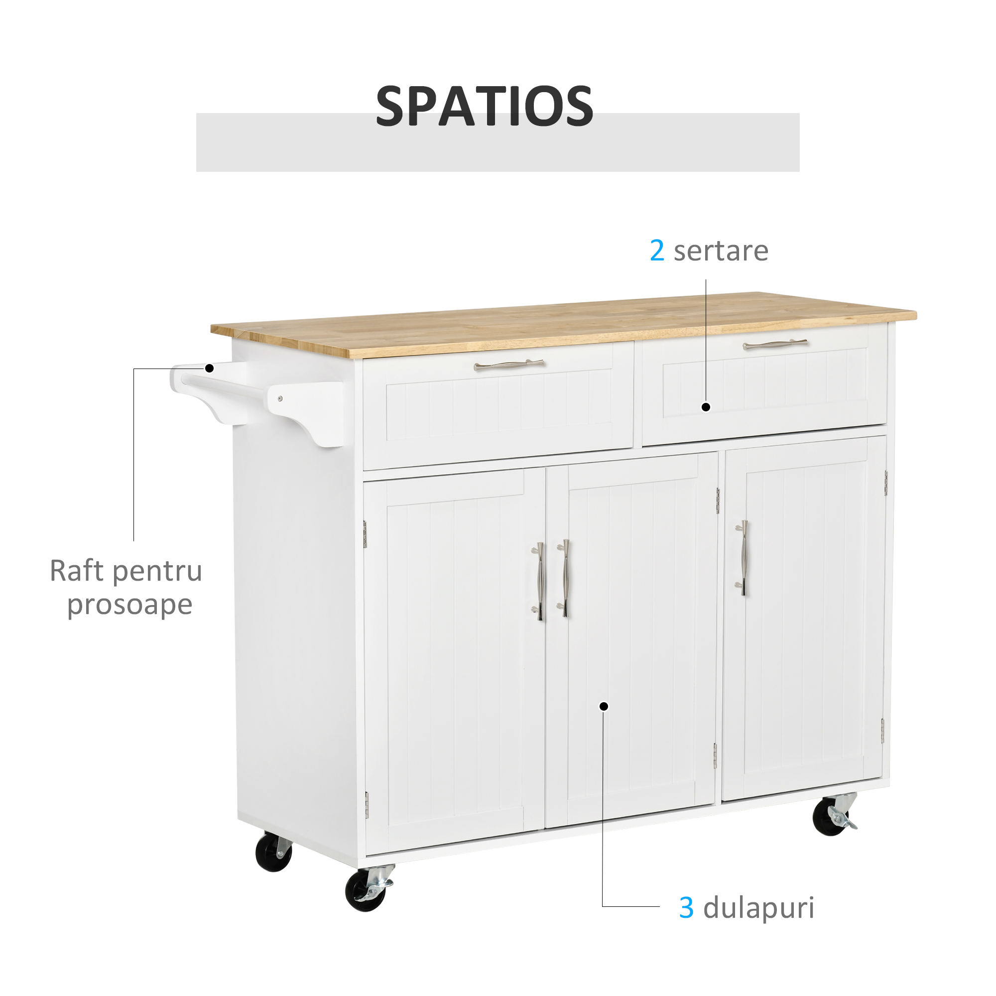  Carucior Bucatarie Multifunctional cu Sertare & Usi, 121×46×91 cm [3]
