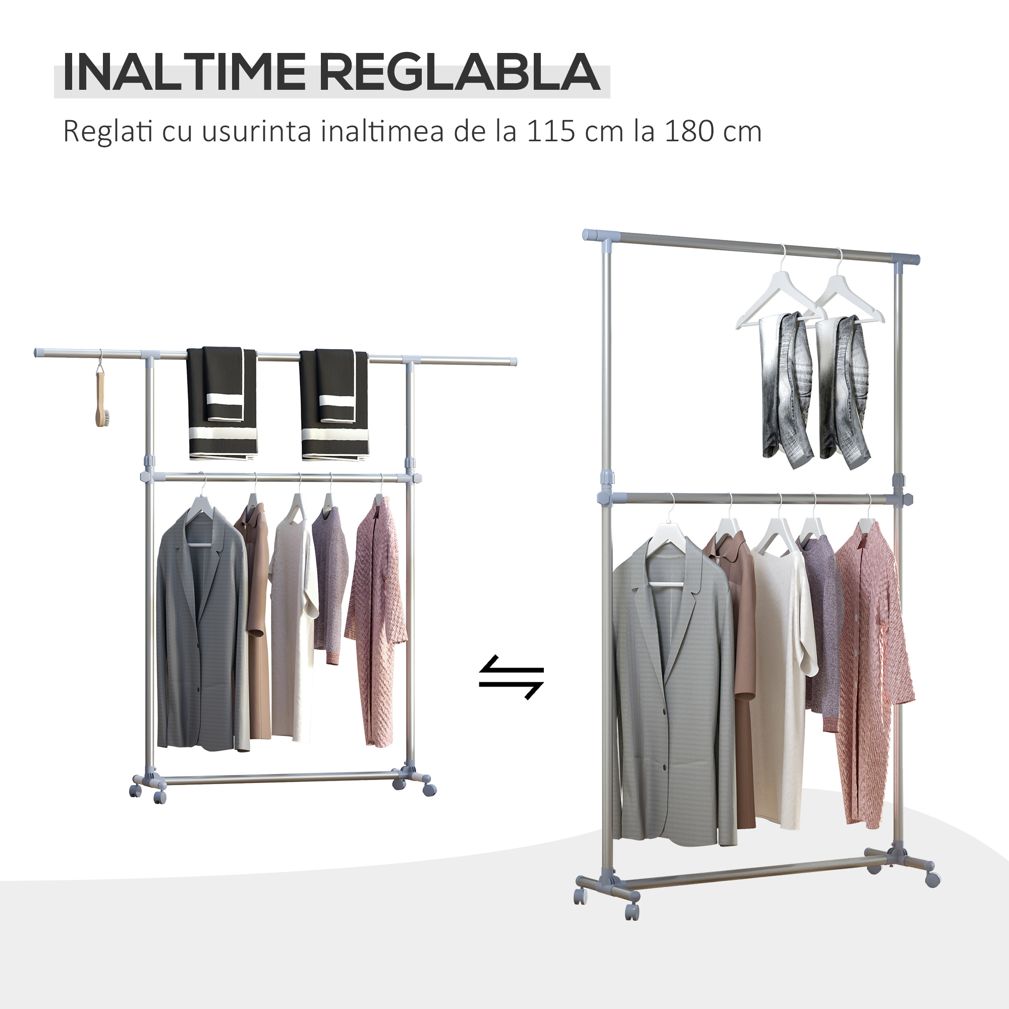  Cuier pentru haine cu inaltime si extensie reglabile, 165 x 48 x 180 cm, Inox / ABS, Argintiu / Gri [4]