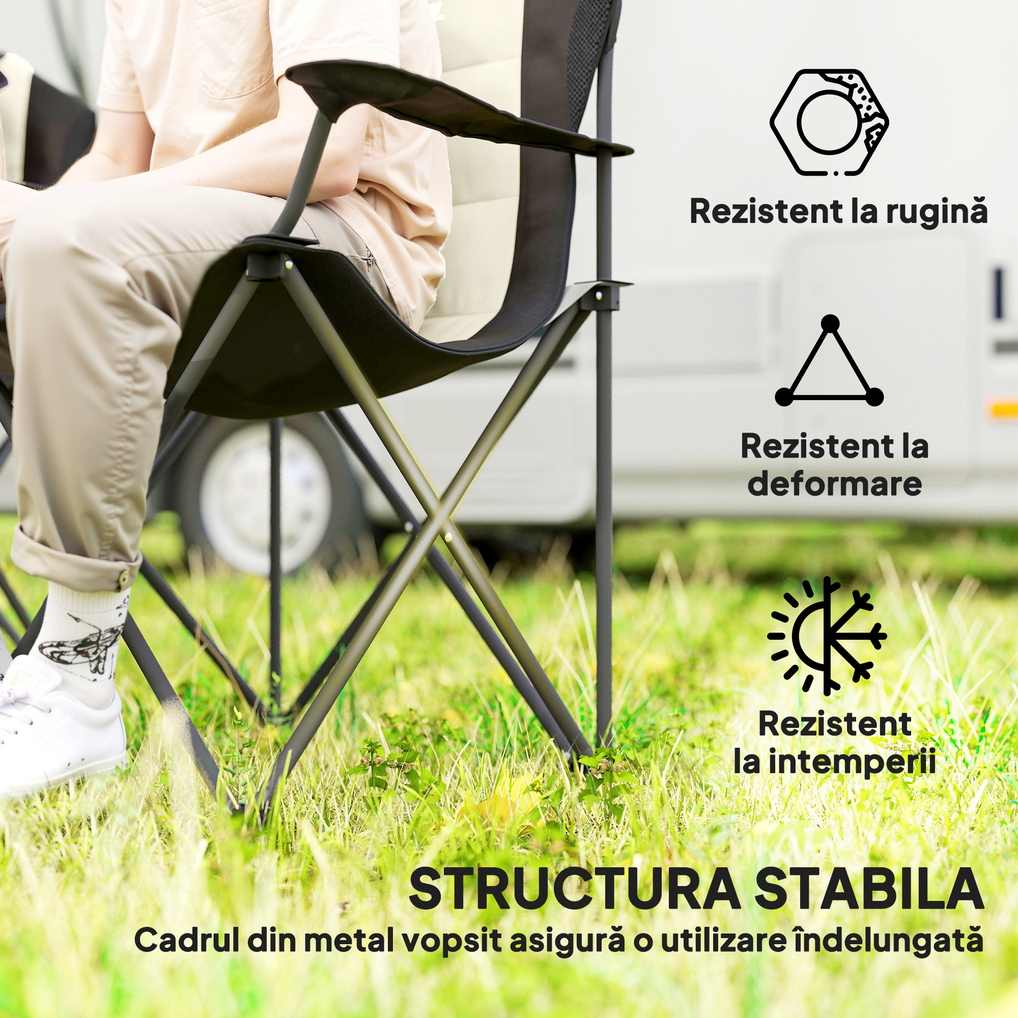  Set 2 Scaune Pliabile de Camping cu Suport Pahar si Genti Crem [4]