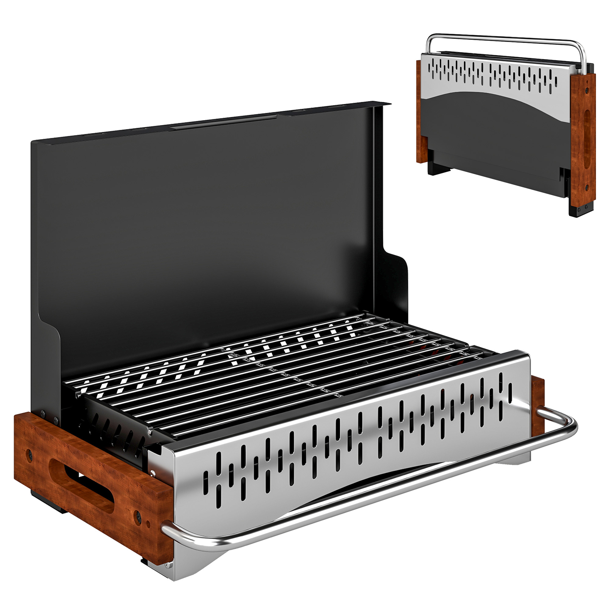 Gradina & balcon -  Gratar Portabil cu Carbune, Tava Detasabila, din Otel Inoxidabil si Metal, 50,5x34x33 cm, Negru