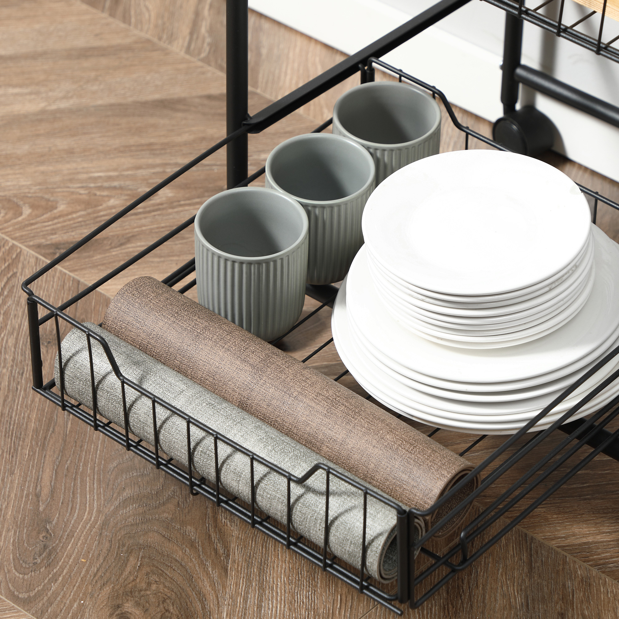  Carucior de bucatarie cu 2 cosuri detasabile din metal, 2 rafturi din PAL si carlige laterale, 40x38x111cm [7]