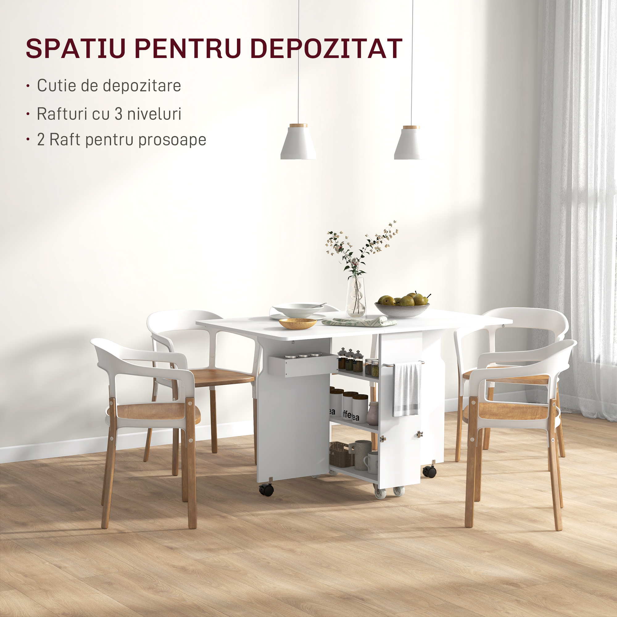  Masa Plianta, Rulanta, Masa Pliabila cu Cutie de Depozitare, Rafturi pe 3 Niveluri si Suport, 130x80x76.5 cm, Alb [4]