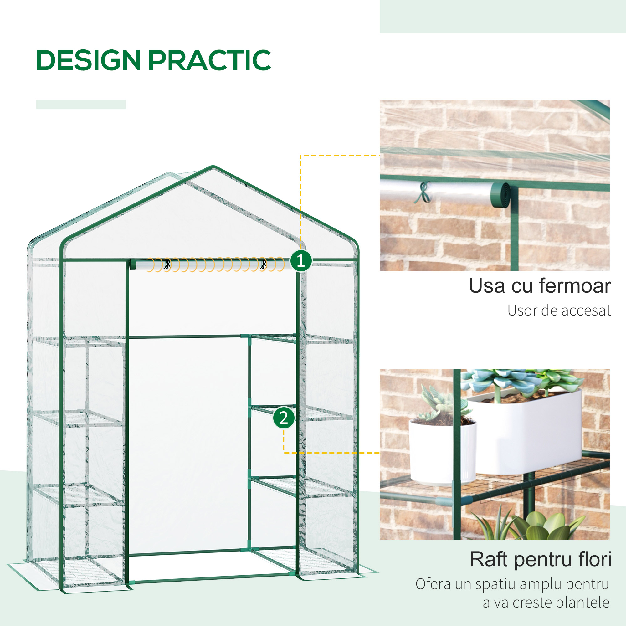 Sera de Gradina din Otel si PVC Transparent cu Usa Rulou, 143x73x195cm [4]