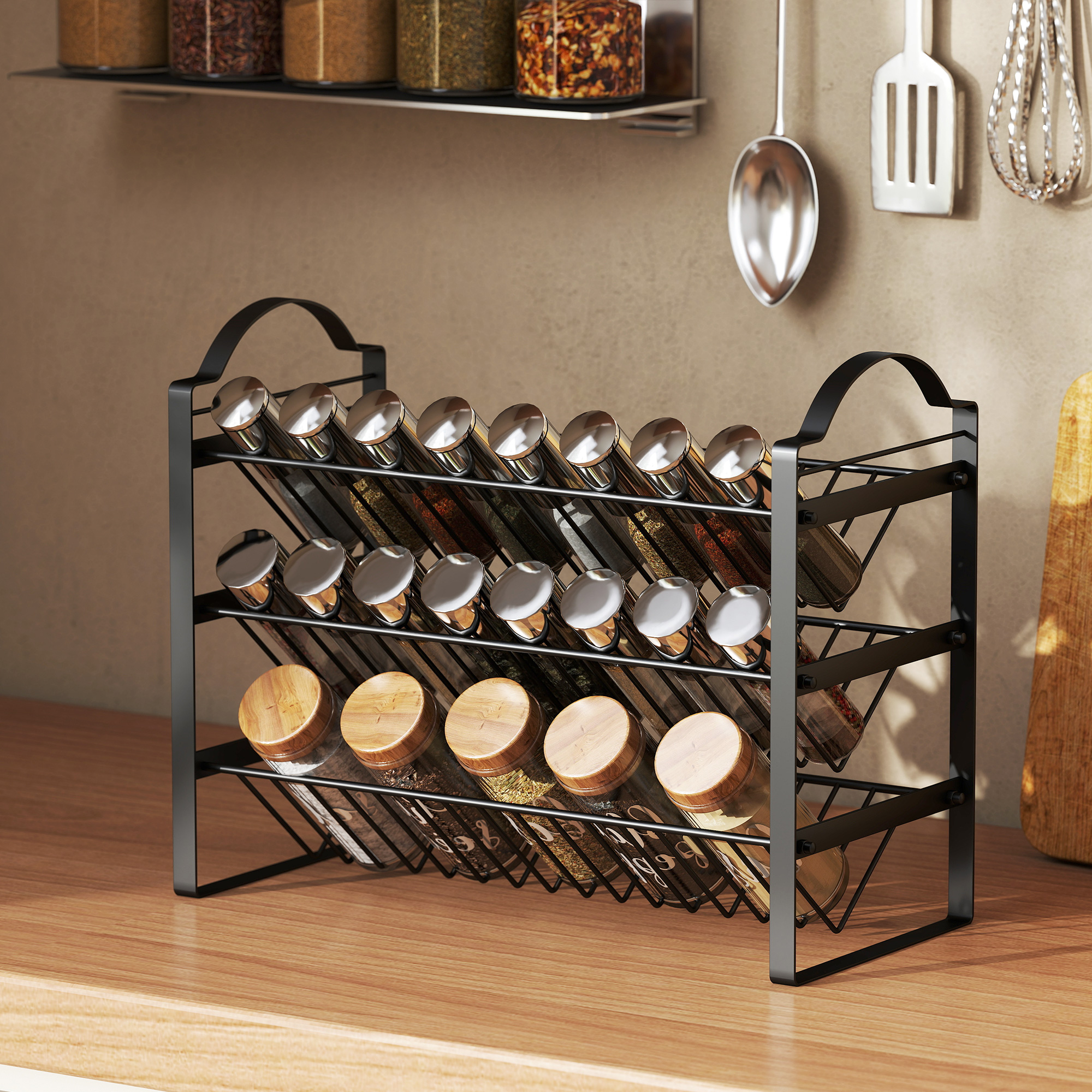  Suport pentru Condimente de Bucatarie cu 3 Rafturi inclinate din Metal Negru [7]