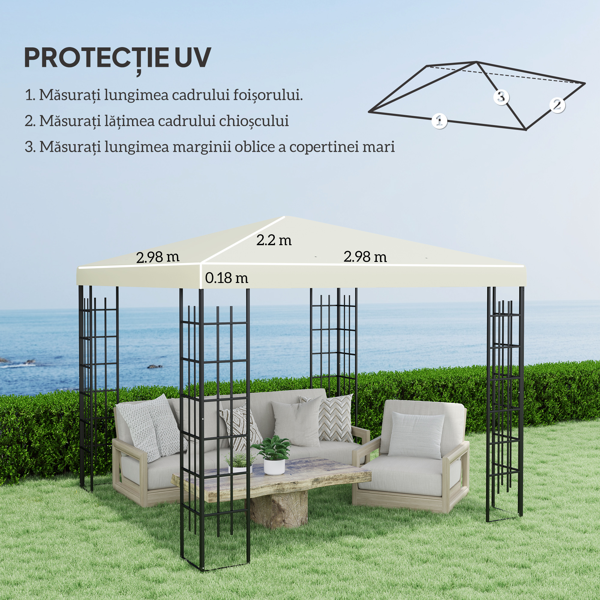  Acoperis pentru Gazebo de Gradina 3x3 m din Material Oxford 600D cu Orificii de Drenaj, Alb Crem [2]