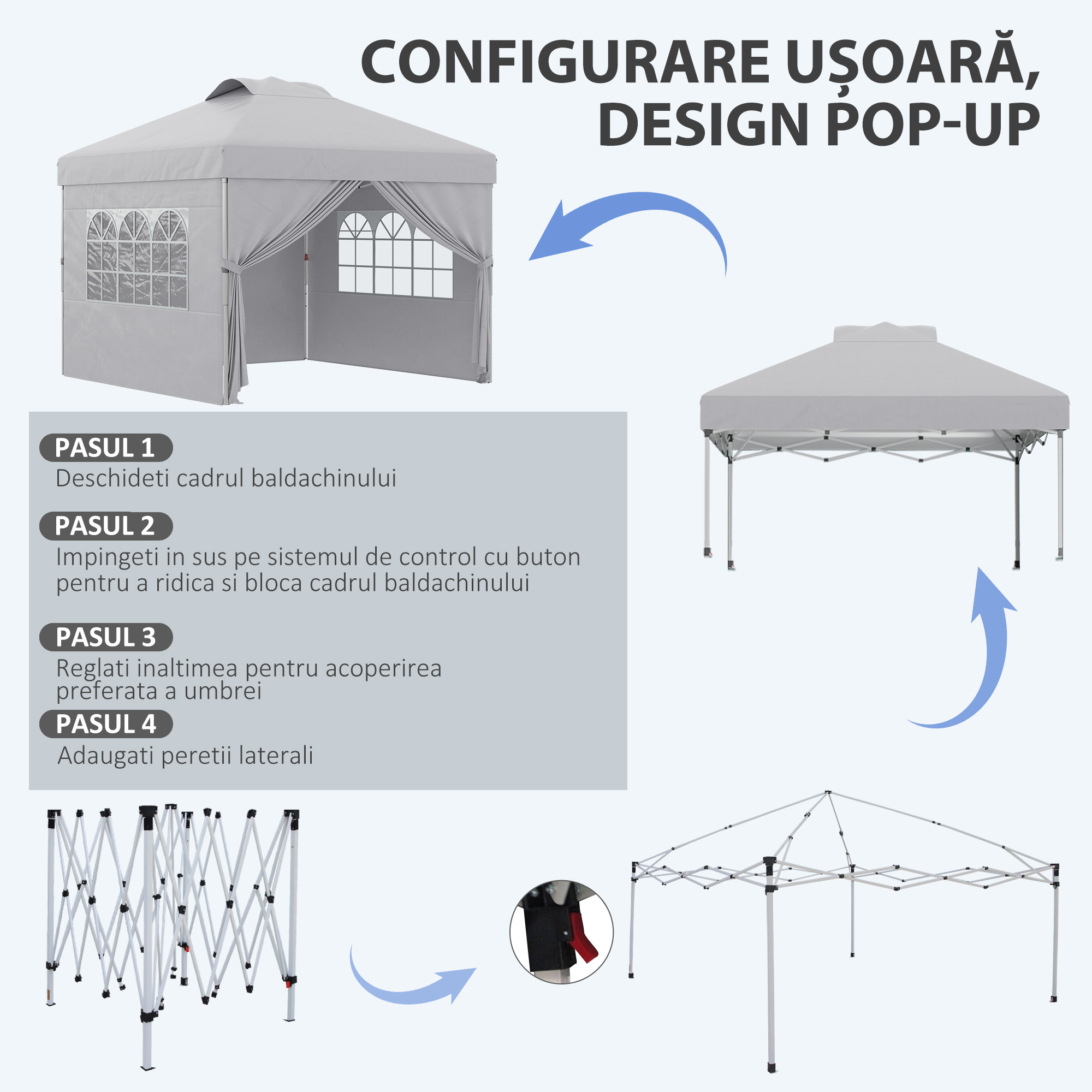  Pavilion Pliabil cu inaltime Reglabila, Usa, 2 Ferestre si Geanta de Transport, 297x297x284 cm, Gri Deschis [3]