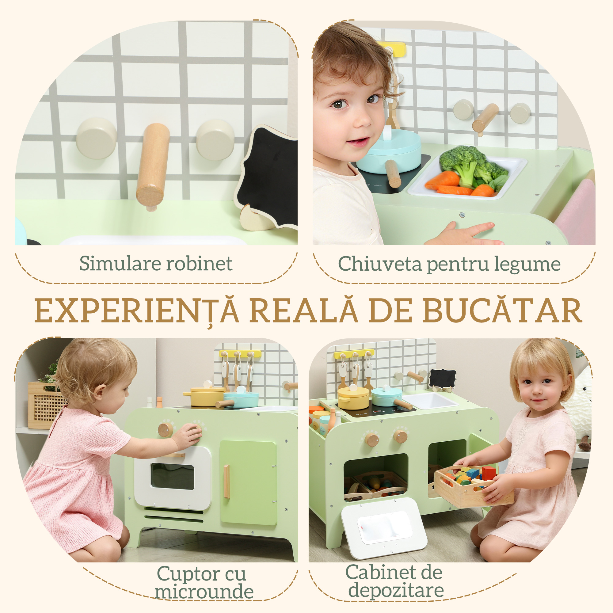  Set de Bucatarie de Jucarie din Lemn pentru Copii de 3+ Ani cu 15 Accesorii, Verde [3]