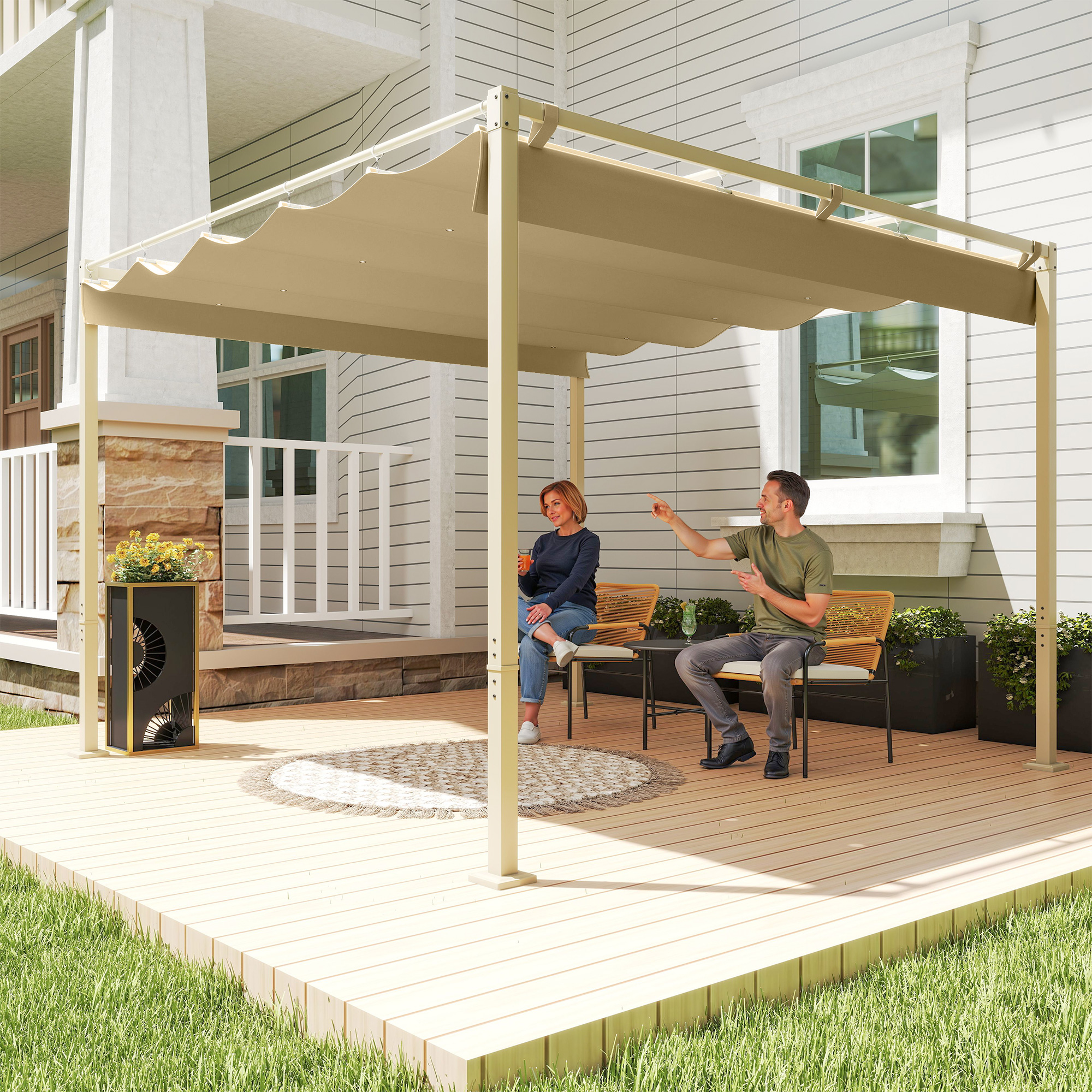  Pergola de Gradina cu Acoperis Retractabil si Sistem de Prindere Magnetic, 298x297x221 cm, Kaki [1]