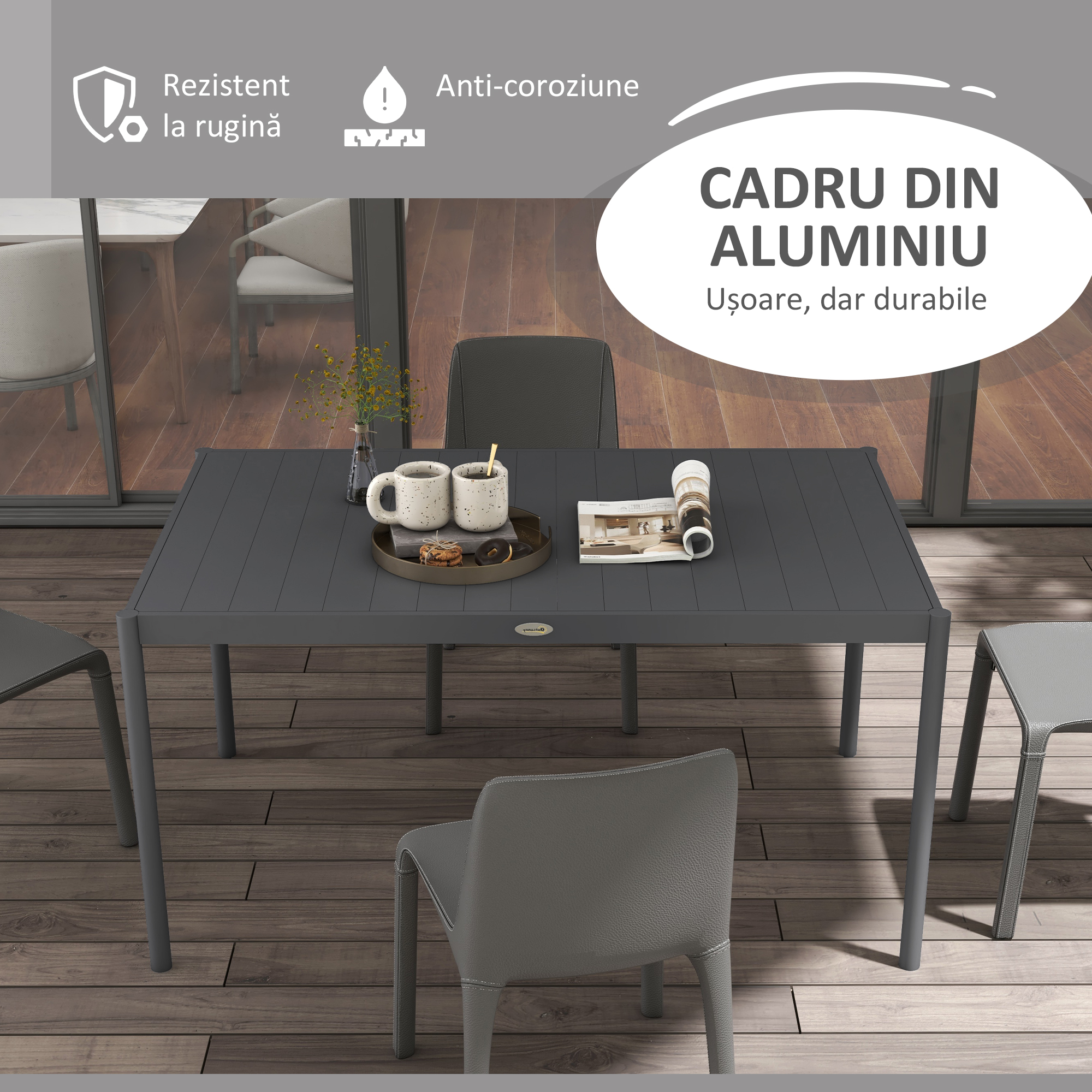  Masa de Gradina cu Lamele, Dimensiuni 145x90 cm, Masa de Dining pentru 6 Persoane, Rectangulara, din Aluminiu si Otel, pentru Curte, Terasa, Balcon si Exterior, Gri inchis [3]