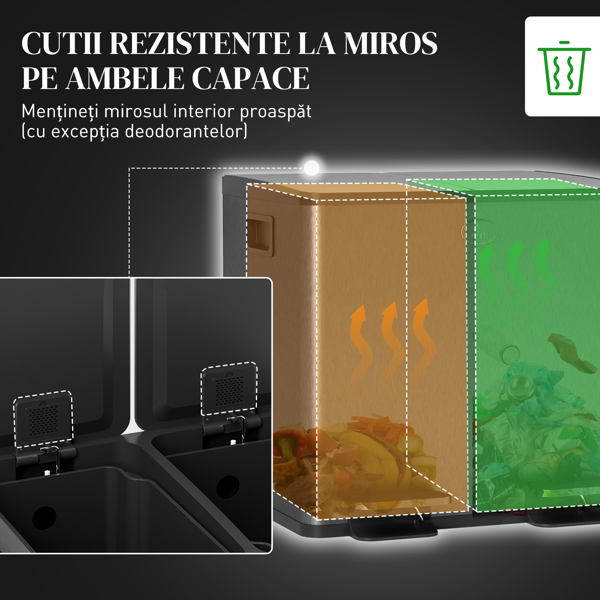  Cos de Gunoi cu 2 Sectiuni de 15L, cu inchidere Silentioasa, din Otel Inoxidabil si PP, 41.7x36.6x43.2 cm, Negru [4]