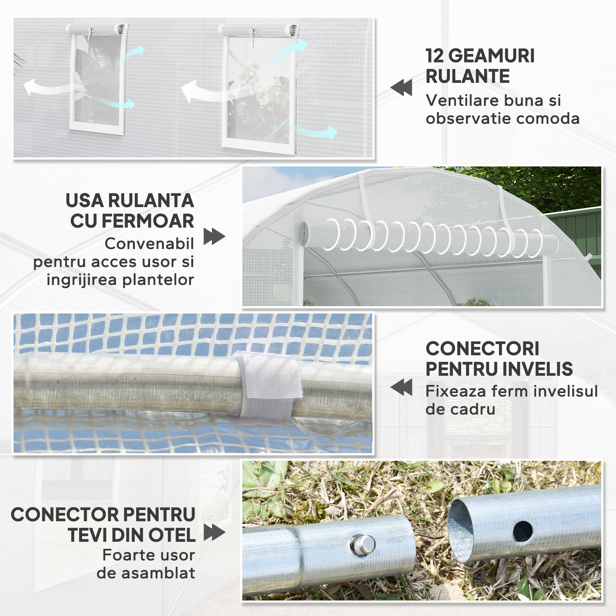  Sera Tip Tunel 8x3x2 m cu invelis din Plastic si Otel Ranforsat, Alb [4]