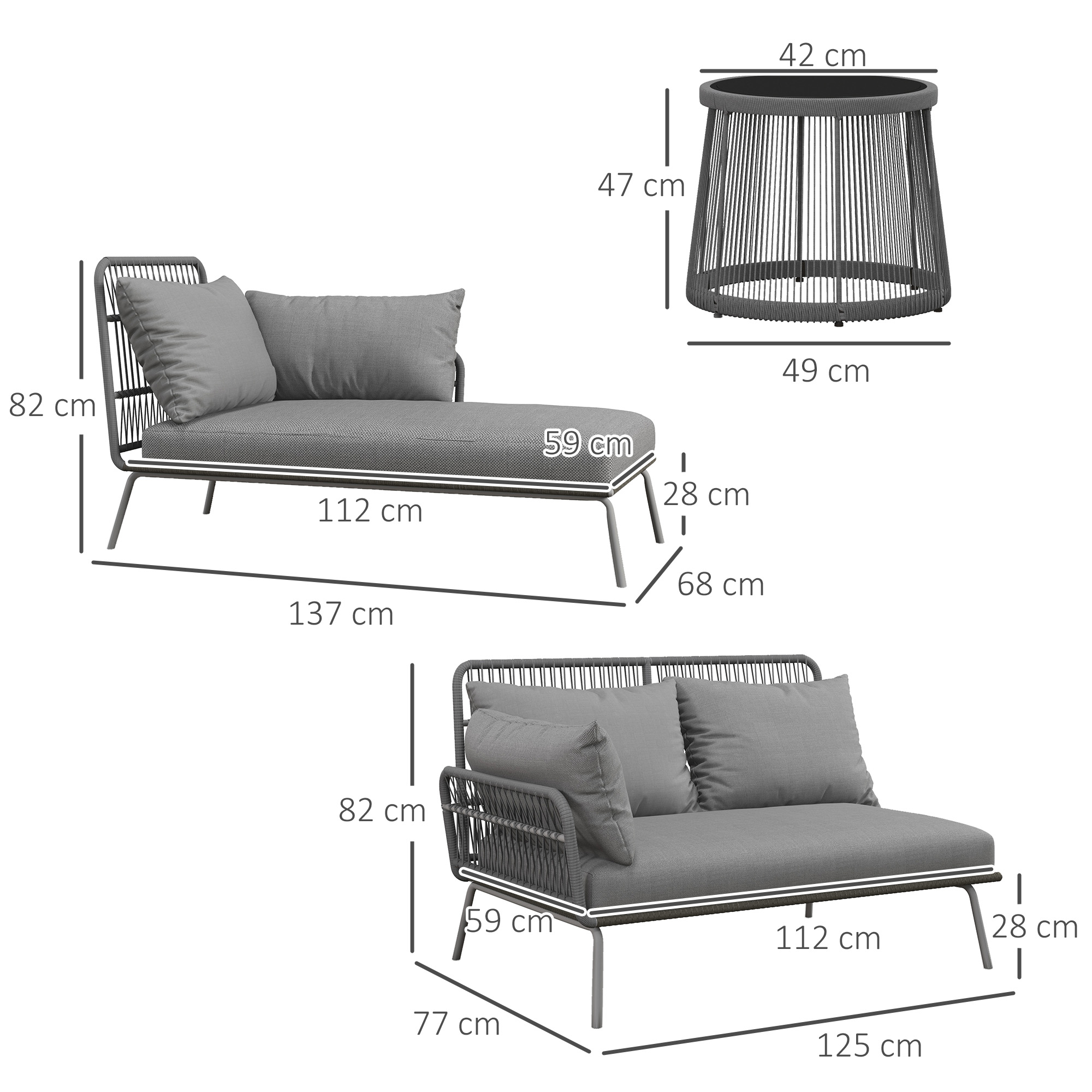  Set Mobilier de Gradina din 3 Piese cu Canapea, Şezlong cu Perne şi Masuţa, 125x77x82 cm, Gri Deschis [2]