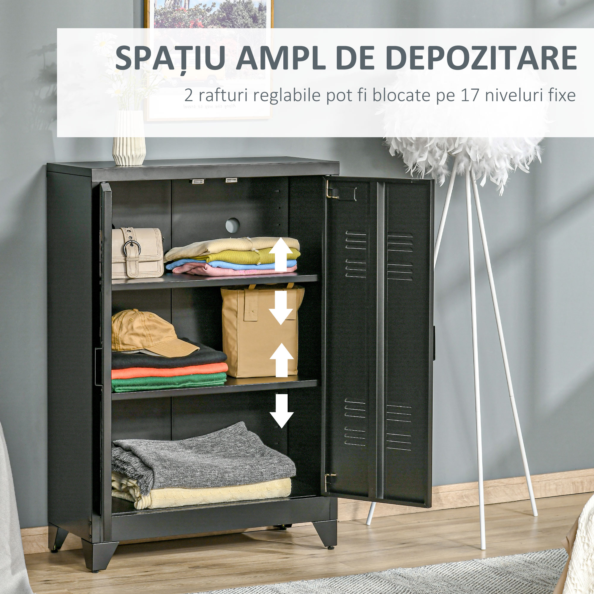  Dulapior Multifunctional cu 2 Usi Stil Industrial, Dulapior Metalic pentru Casa si Garaj - Gri [3]