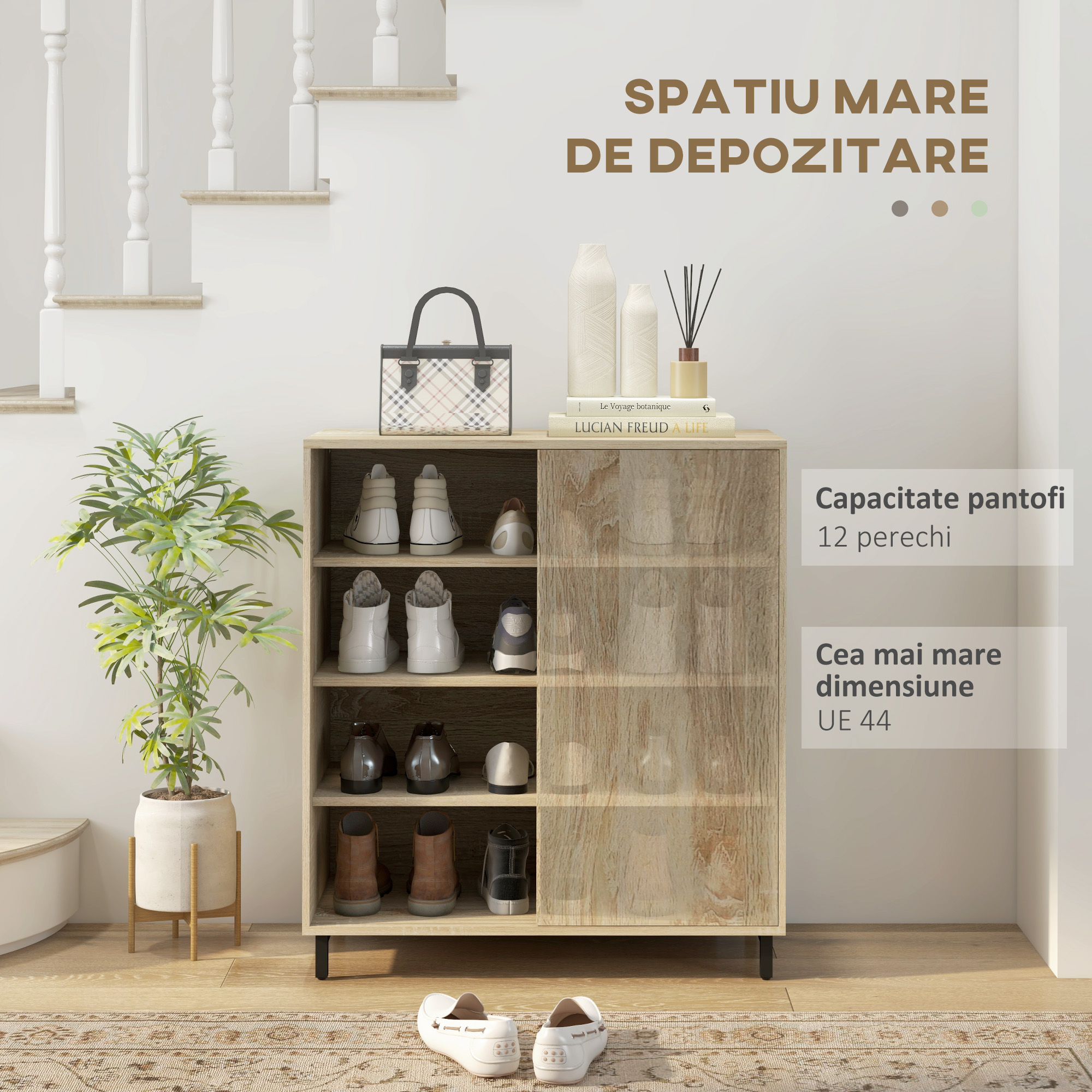  Dulap pentru Pantofi pe 4 Niveluri din PAL si Otel cu Usa Glisanta si Rafturi Reglabile, 80x40x93 cm, Lemn Natural [3]