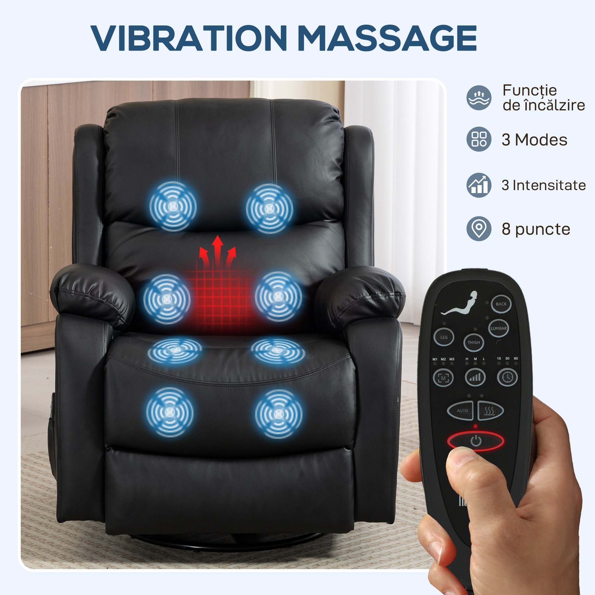  Fotoliu Relax Rabatabil cu 8 Puncte de Masaj, incalzire si Suport pentru Picioare, 87x97X100 cm, Negru [3]