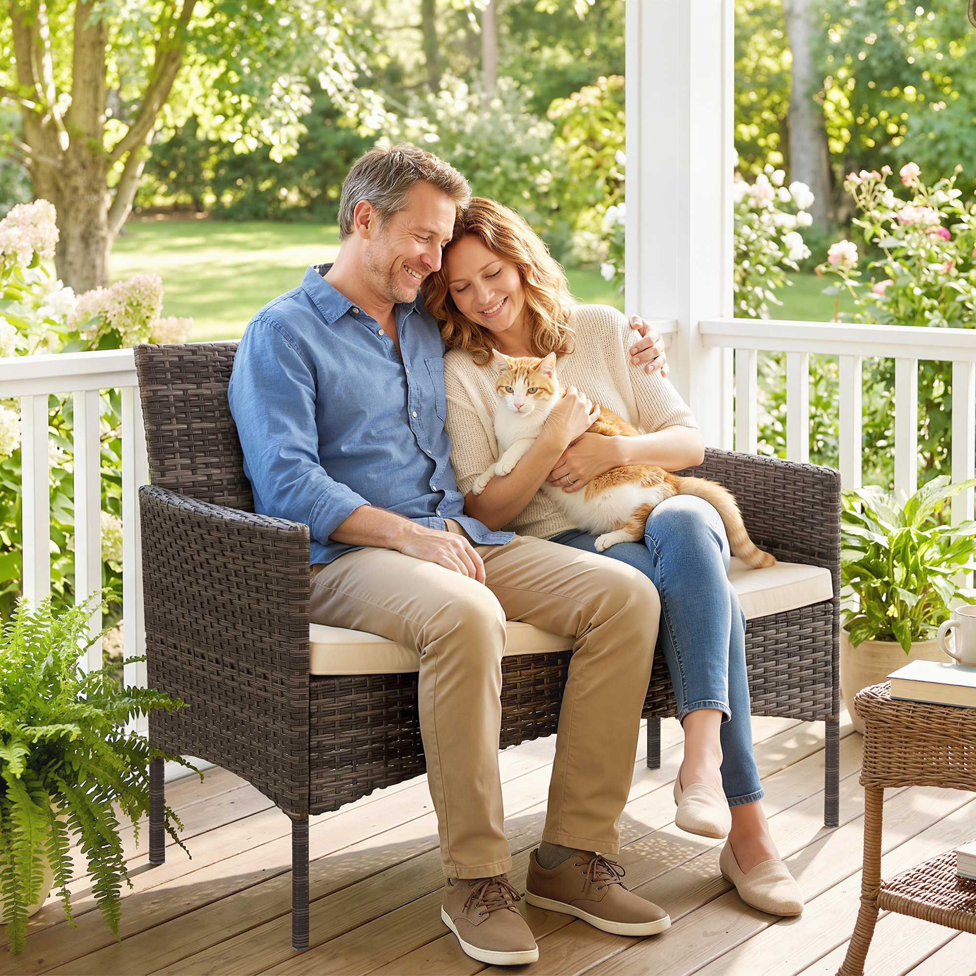  Canapea de Gradina 2 Locuri cu Perne si Tampoane Antiderapante, din Ratan si Otel, 115x63x85 cm, Bej [7]