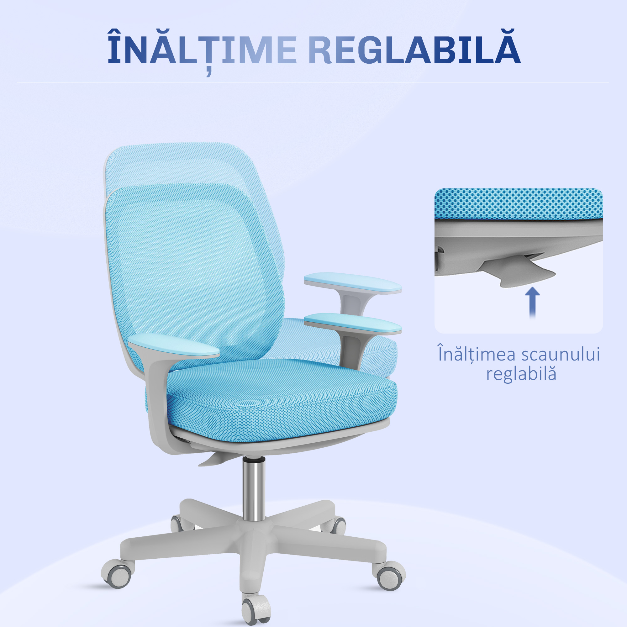  Scaun de Birou Ergonomic si Reclinabil Reglabil pe inaltime, cu 5 roti, 55x48x82.5-94.5 cm, Albastru [4]