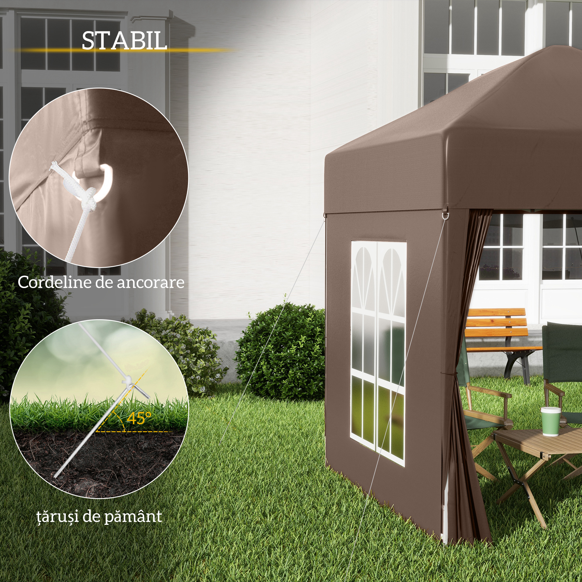 Pavilion Pop-up Impermeabil cu 4 Pereti Detasabili si Geanta de Transport, 2x2x2.4 m, Maro [5]