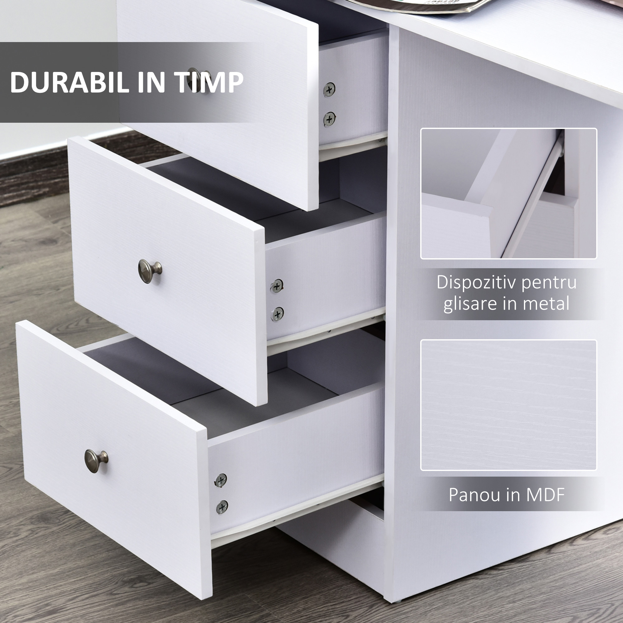  Masa Birou Alba - Cu Sertare & Rafturi Laterale, 120 cm [5]