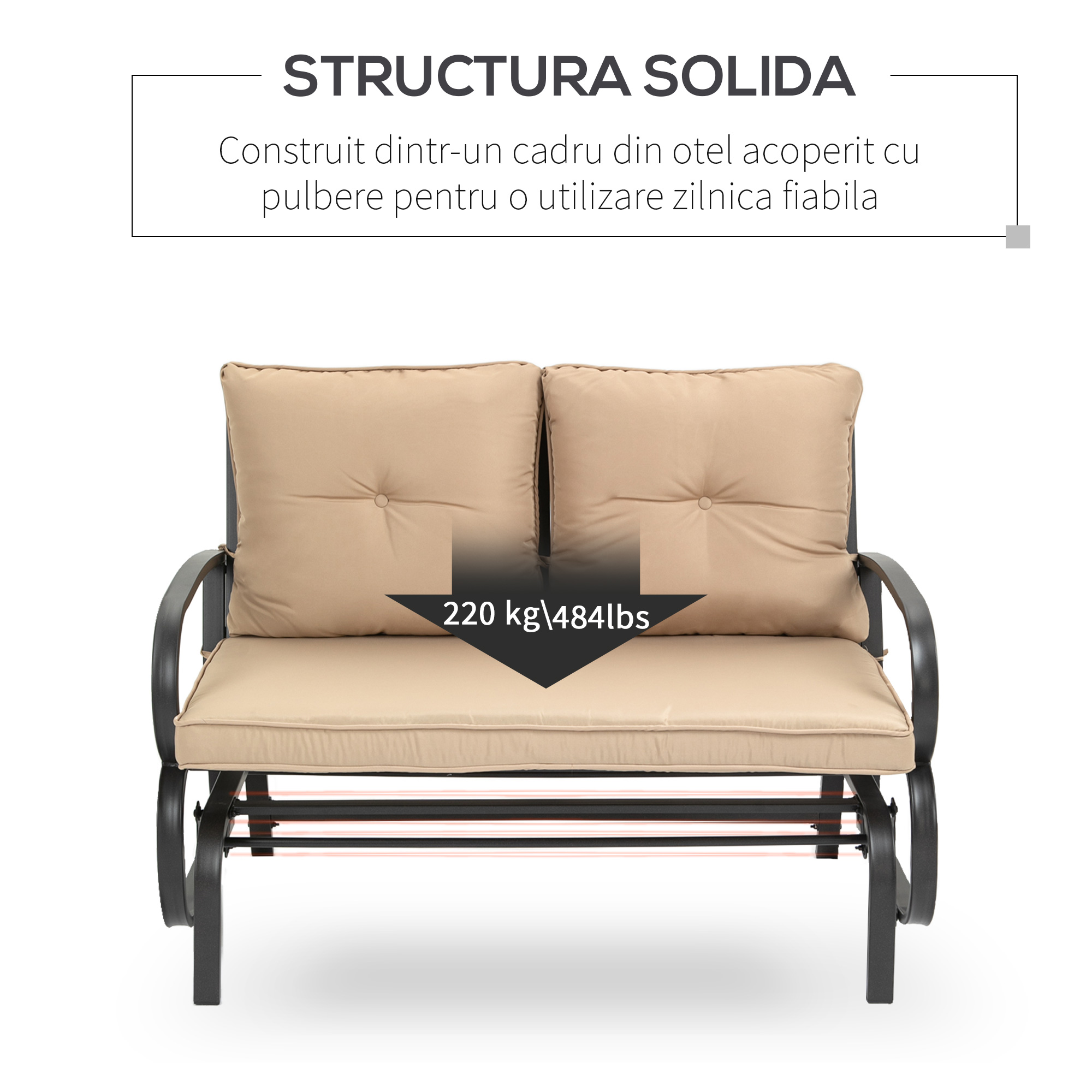  Balansoar de Gradina pentru 2 Persoane cu Perne Capitonate pentru Sezut cu Spatar, 122x70x87cm, Kaki [5]