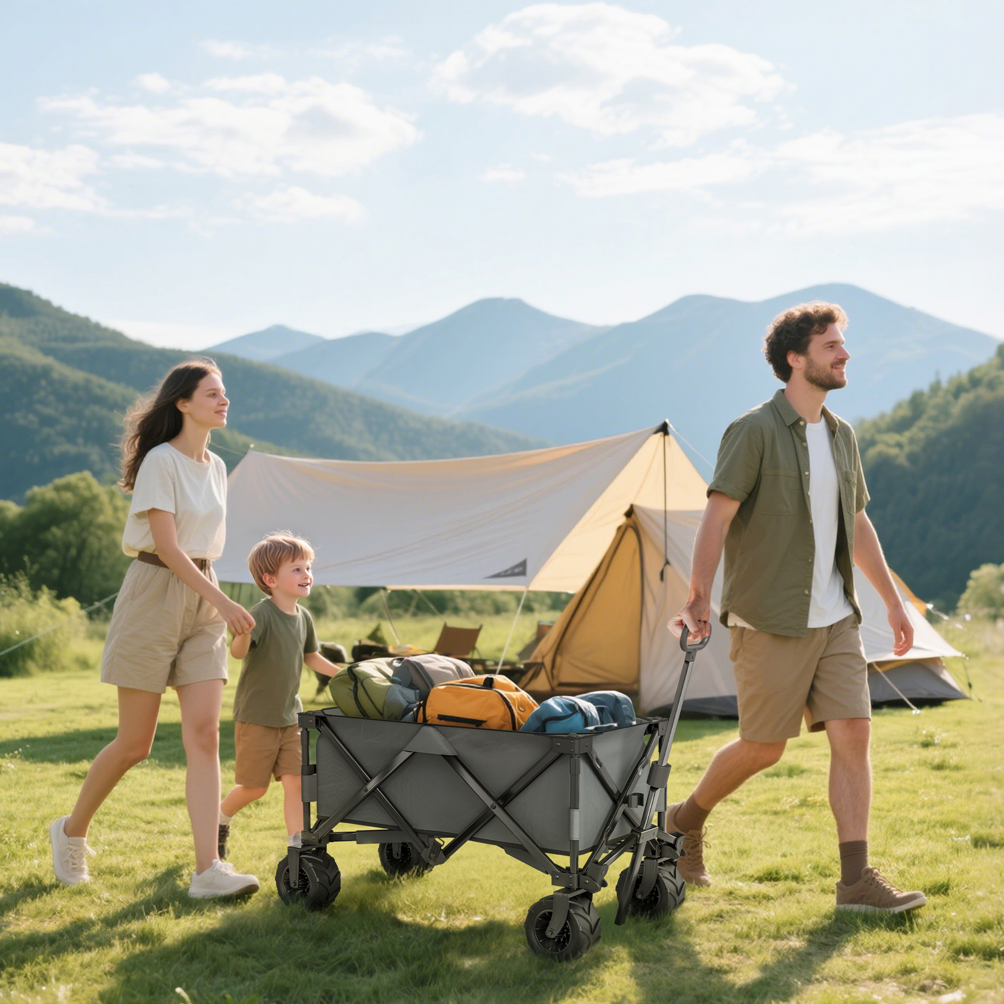  Carucior de gradina, sarcina maxima 70kg, cu maner telescopic, din metal si material Oxford, 108x55 cm, gri [1]