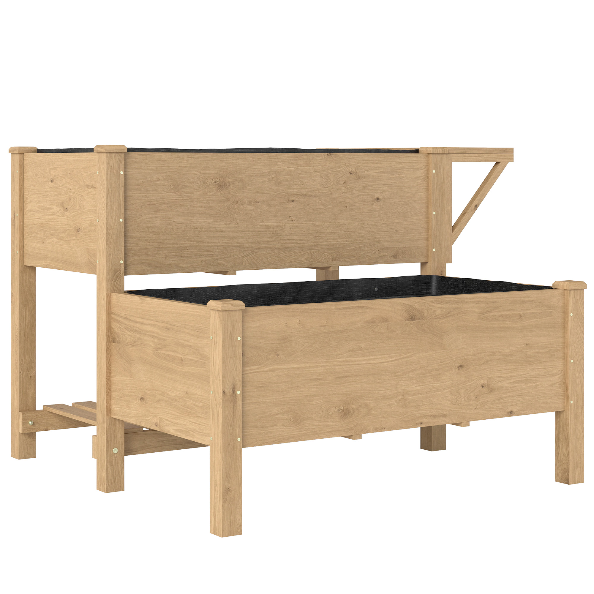 Living & hol -  Jardiniera inaltata pe 2 Niveluri cu Rafturi Laterale si Inferior, Fabricata din Lemn de Brad cu Captuseala si Orificii de Drenare, pentru Flori si Legume, 119,5x102x76,5cm, Maro Deschis