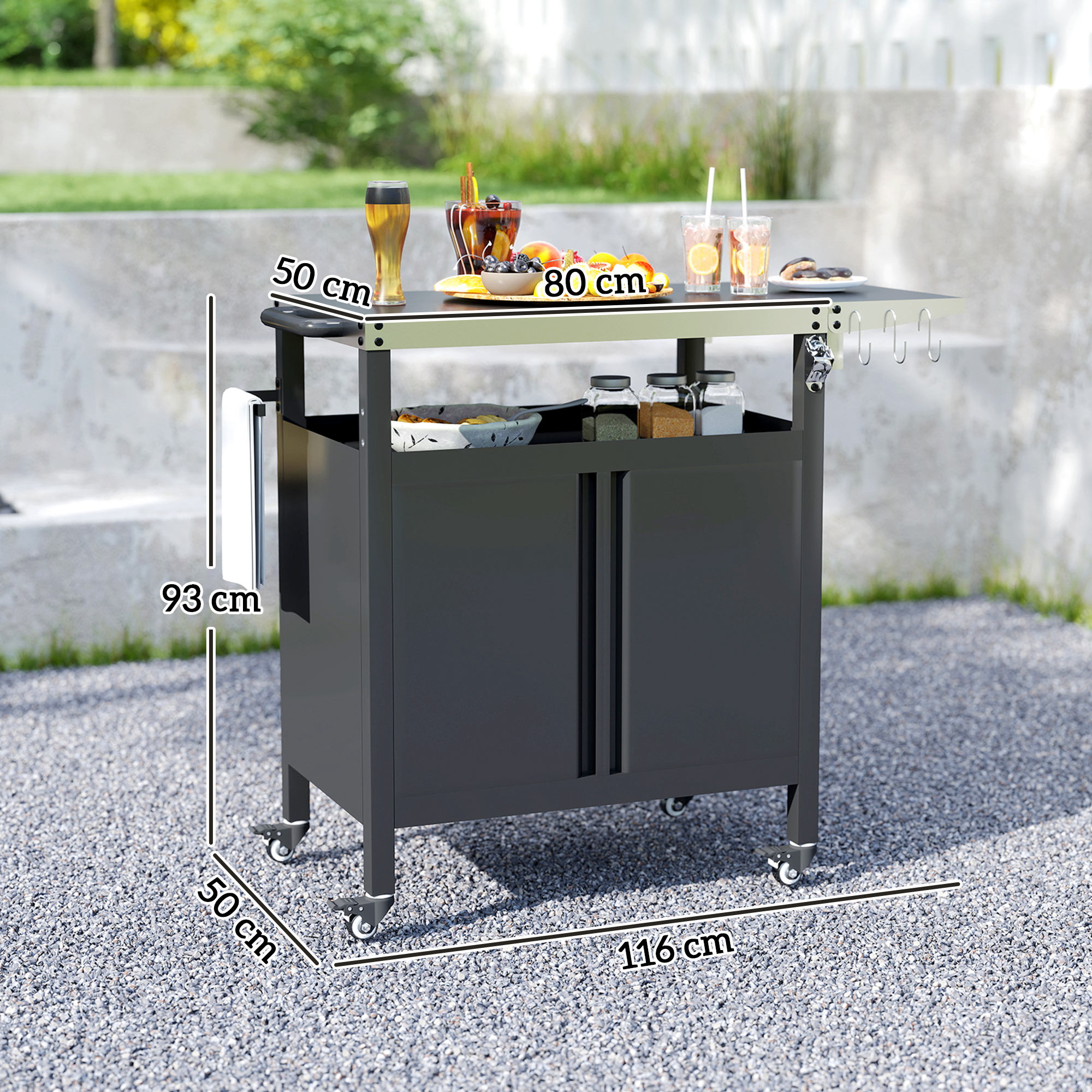  Carucior pentru Barbecue cu Dulap, Raft Deschis si Masa Laterala, din Otel Inoxidabil, 116x50x93 cm, Negru [2]